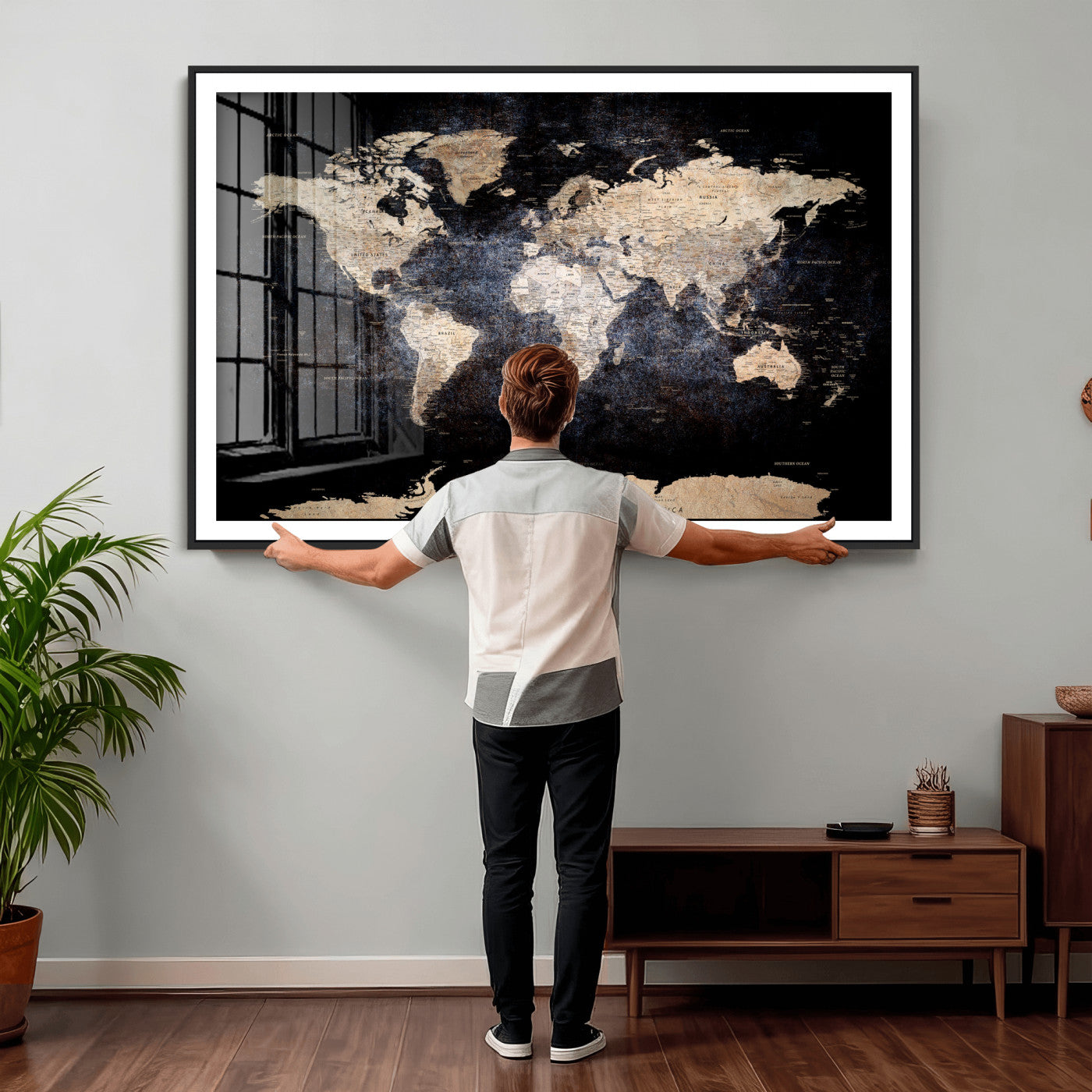 56713386-MGV-CV-36X24 - World Map Wall Art Canvas Print, Modern Decorative Framed Map Artwork Prints for Living Room, Office, Bedroom Wall Decor