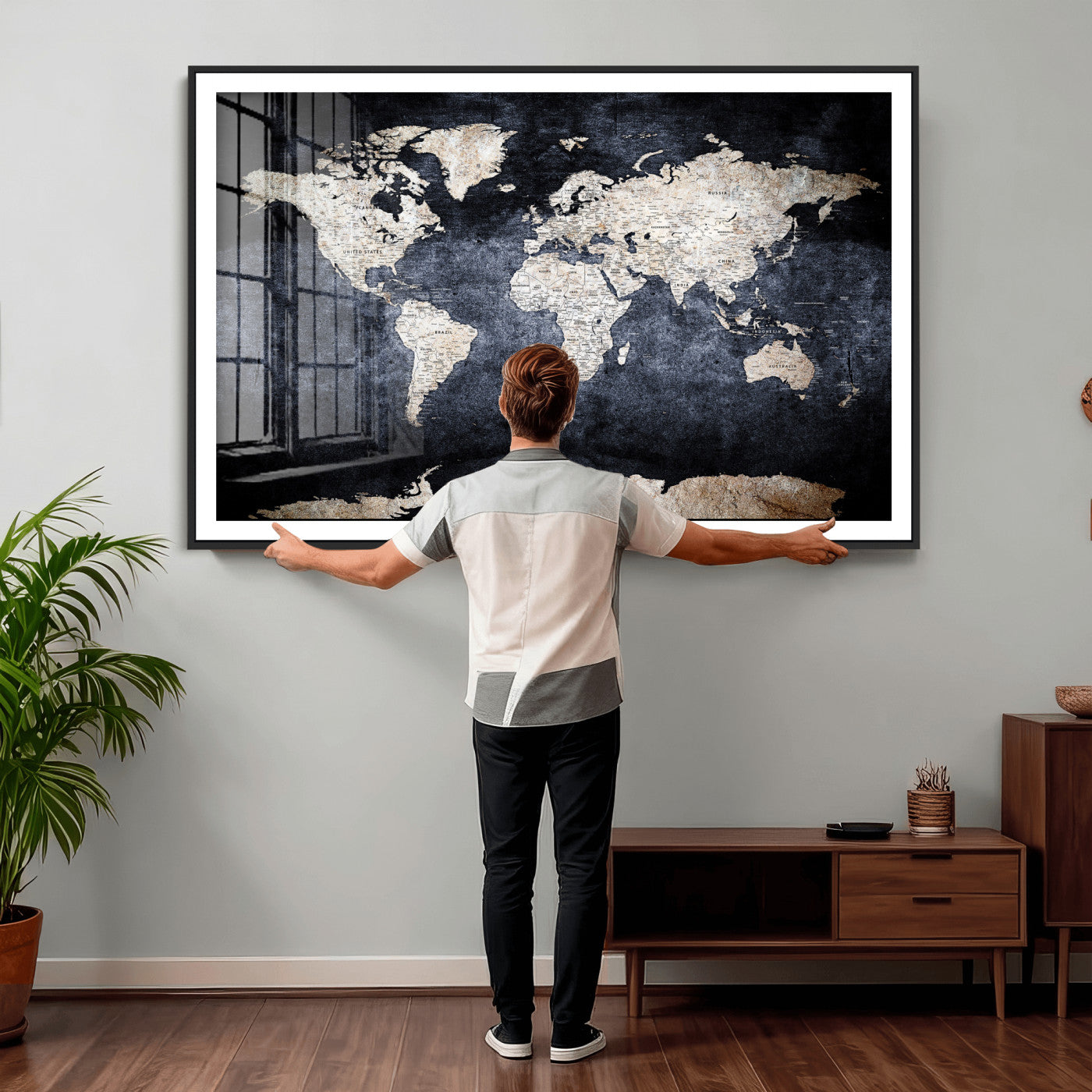 41193404-MGV-CV-36X24 - World Map Wall Art Canvas Print, Modern Decorative Framed Map Artwork Prints for Living Room, Office, Bedroom Wall Decor
