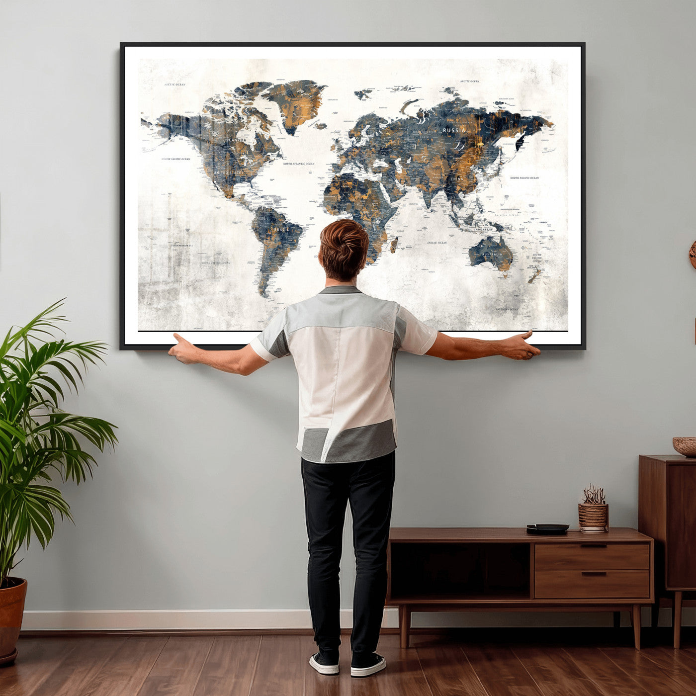 52451147-MGV-CV-36X24 - World Map Wall Art Canvas Print, Modern Decorative Framed Map Artwork Prints for Living Room, Office, Bedroom Wall Decor