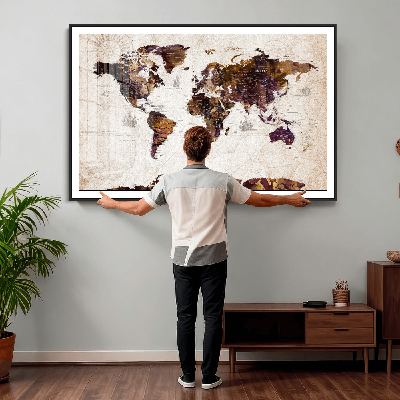 53400857-MGV-CV-36X24 - World Map Wall Art Canvas Print, Modern Decorative Framed Map Artwork Prints for Living Room, Office, Bedroom Wall Decor