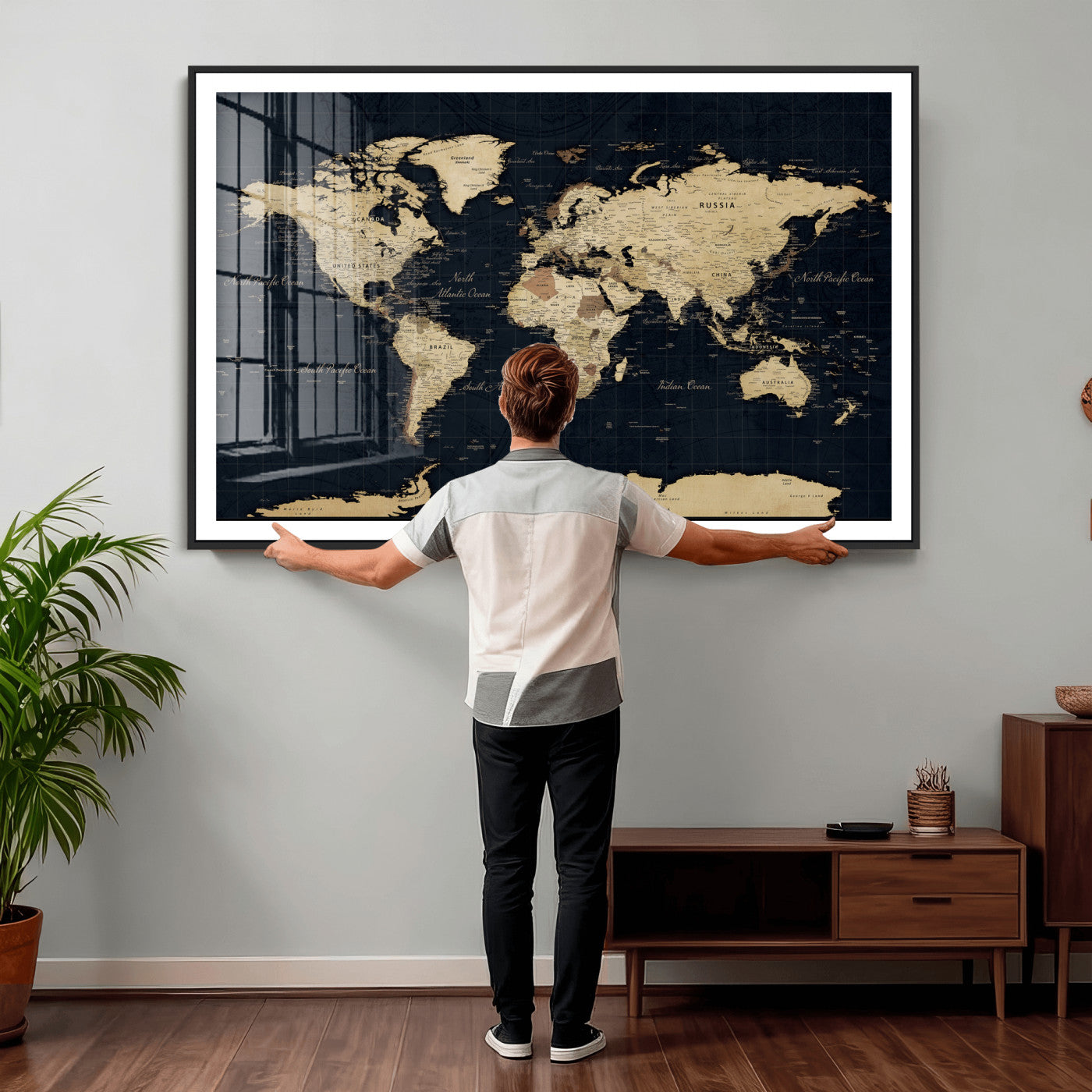 45063434-MGV-CV-36X24 - World Map Wall Art Canvas Print, Modern Decorative Framed Map Artwork Prints for Living Room, Office, Bedroom Wall Decor
