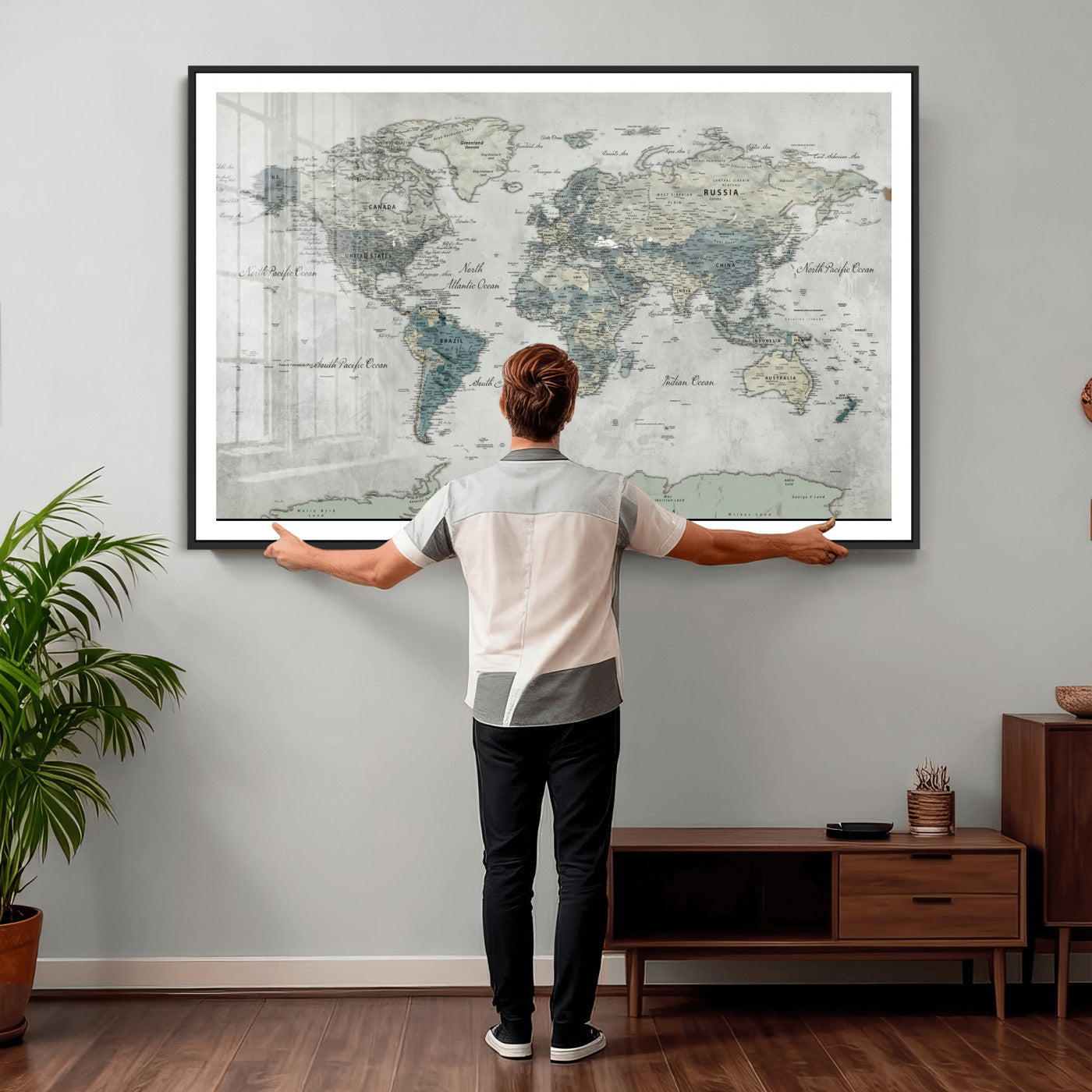 91132939-MGV-CV-36X24 - World Map Wall Art Canvas Print, Modern Decorative Framed Map Artwork Prints for Living Room, Office, Bedroom Wall Decor
