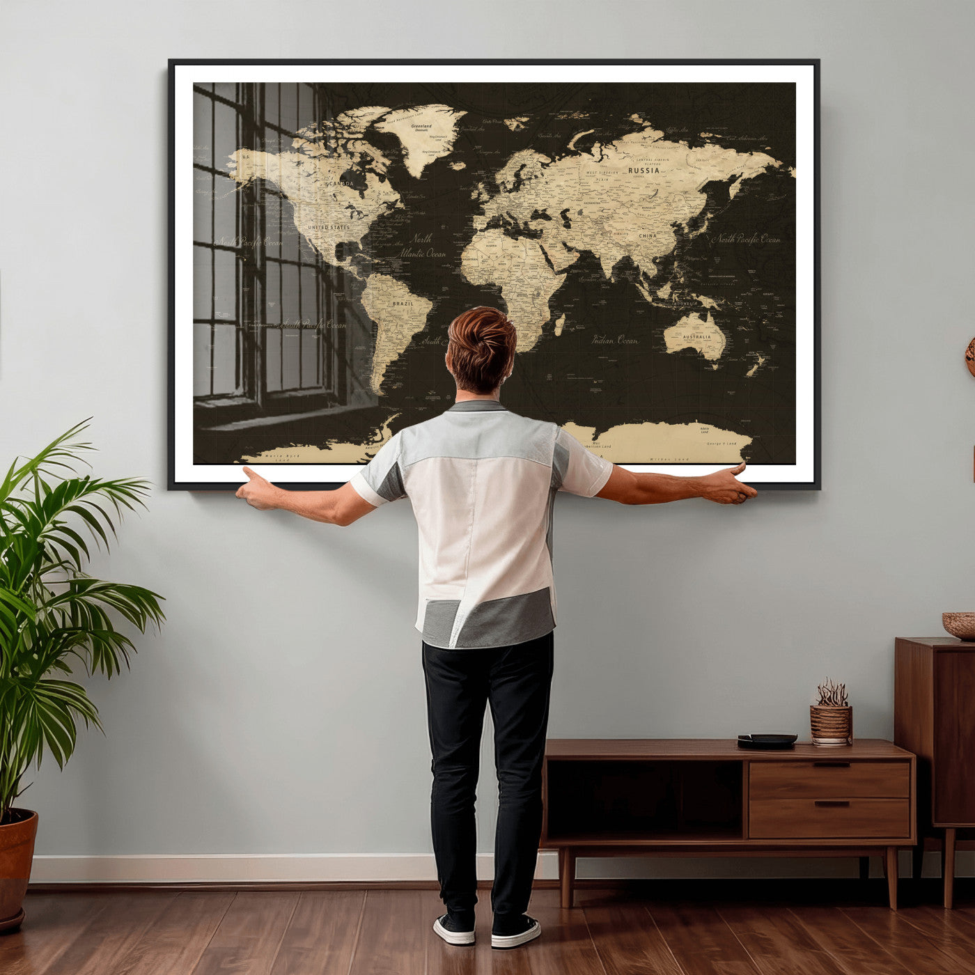 89024244-MGV-CV-36X24 - World Map Wall Art Canvas Print, Modern Decorative Framed Map Artwork Prints for Living Room, Office, Bedroom Wall Decor