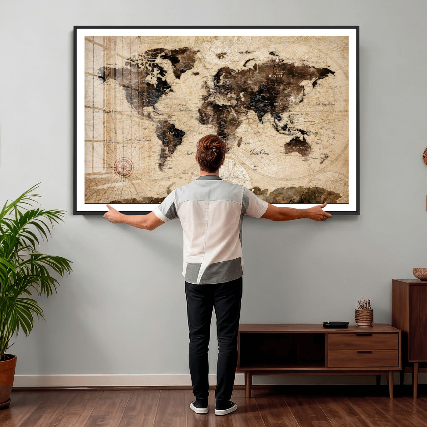 47657418-MGV-CV-36X24 - World Map Wall Art Canvas Print, Modern Decorative Framed Map Artwork Prints for Living Room, Office, Bedroom Wall Decor