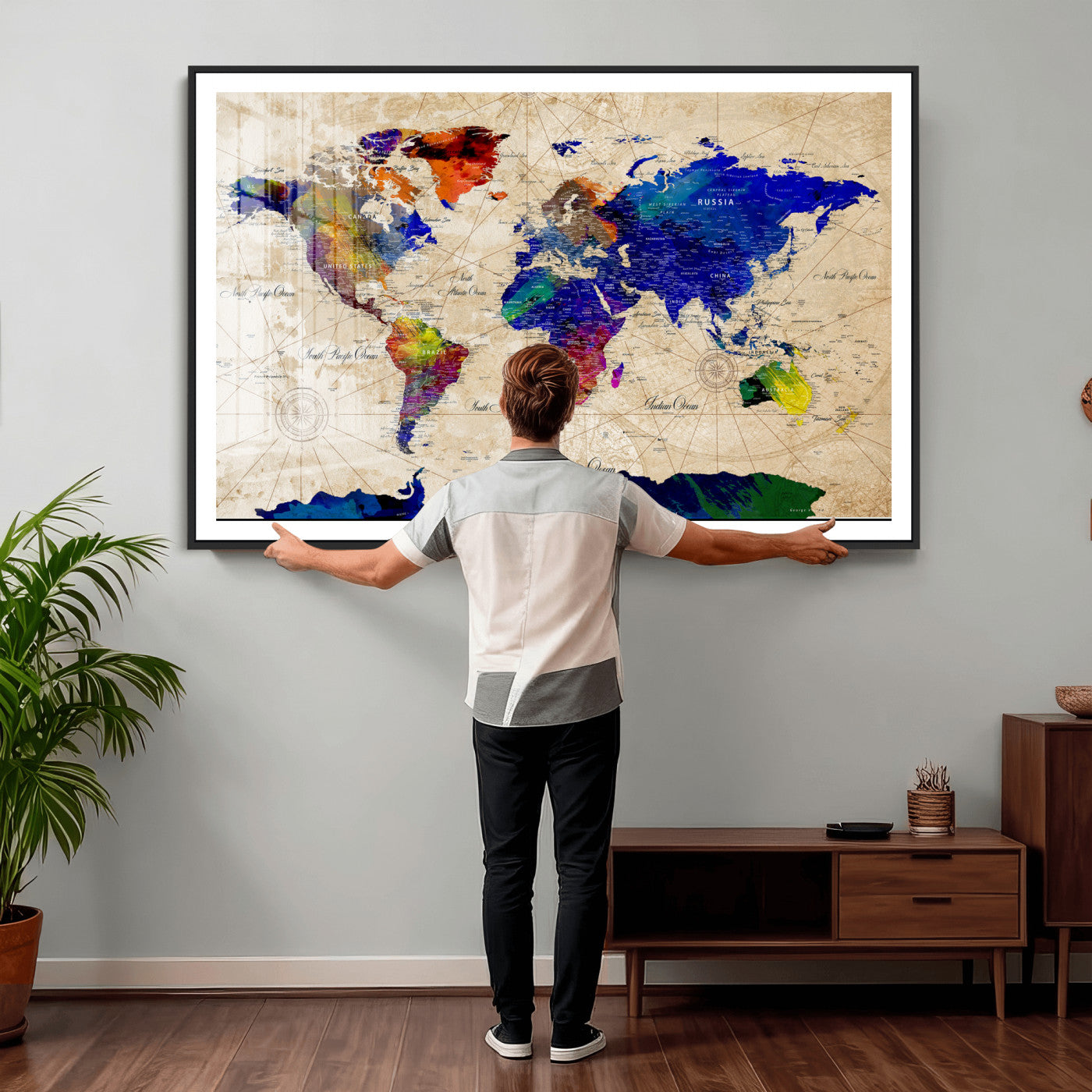 26284075-MGV-CV-36X24 - World Map Wall Art Canvas Print, Modern Decorative Framed Map Artwork Prints for Living Room, Office, Bedroom Wall Decor