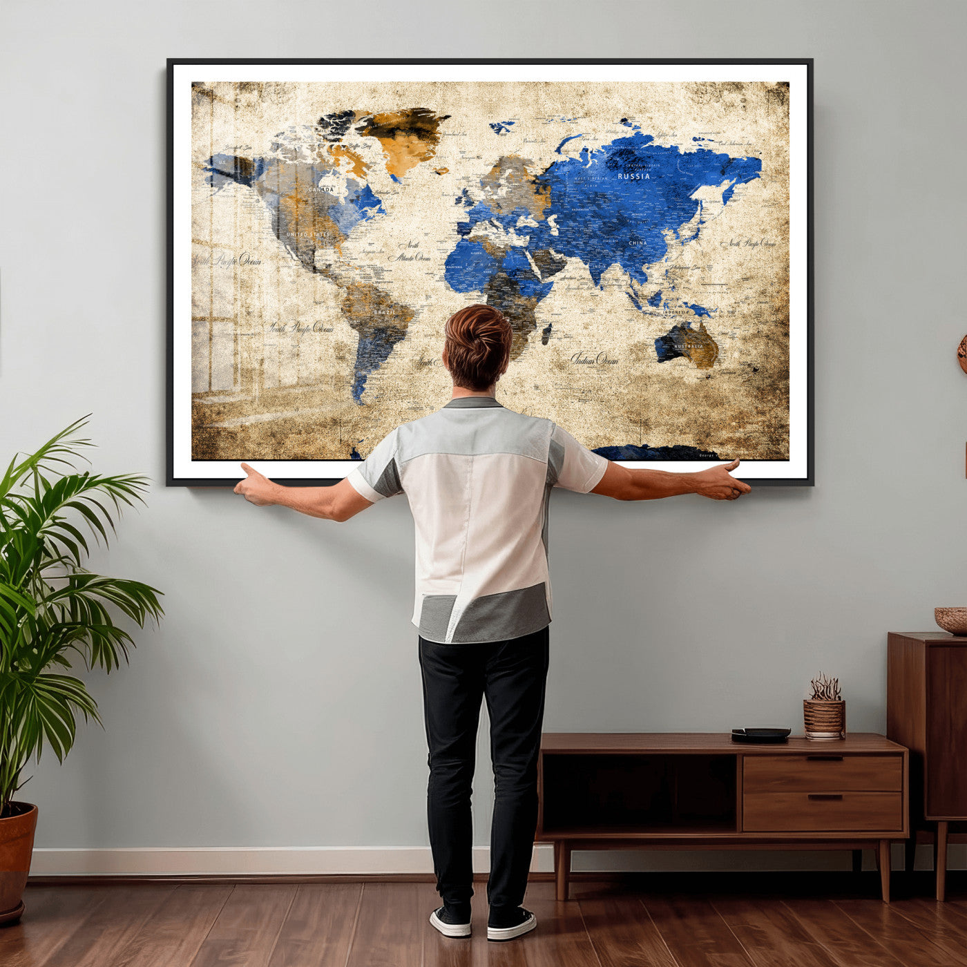 27314341-MGV-CV-36X24 - World Map Wall Art Canvas Print, Modern Decorative Framed Map Artwork Prints for Living Room, Office, Bedroom Wall Decor