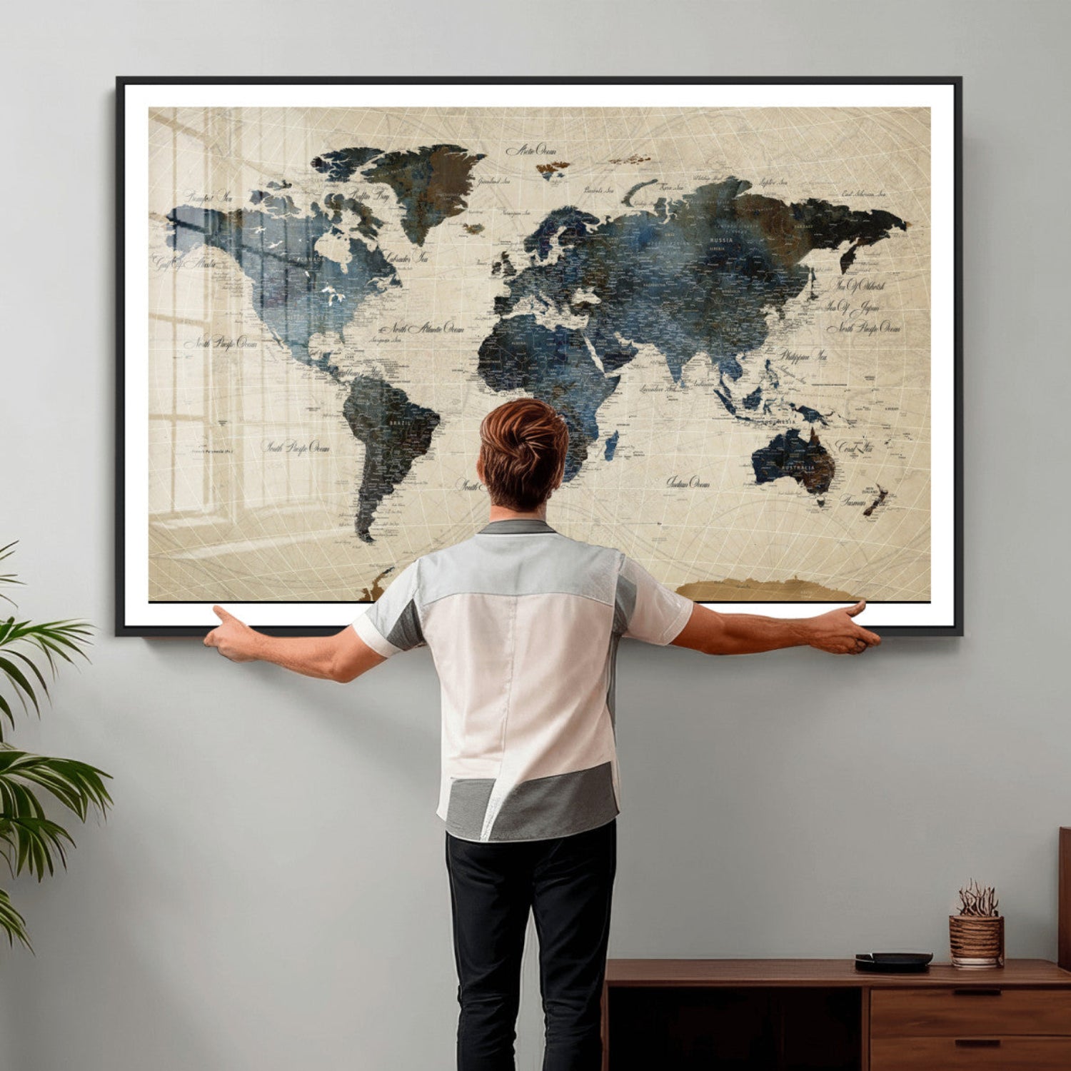72927803-MGV-CV-36X24 - World Map Wall Art Canvas Print, Modern Decorative Framed Map Artwork Prints for Living Room, Office, Bedroom Wall Decor
