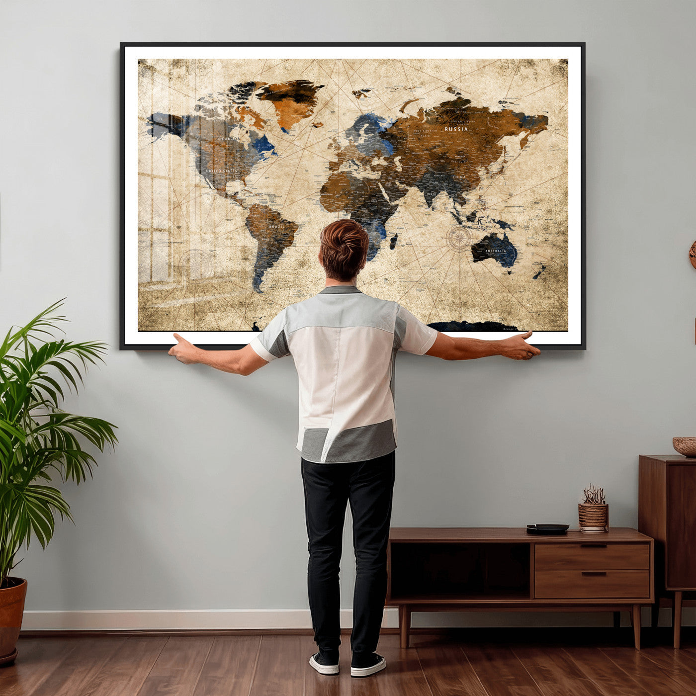 27163414-MGV-CV-36X24 - World Map Wall Art – Rustic Earth Tone Canvas Print, Antique Travel Map Design for Living Room, Office or Study, Classic Adventure Decor