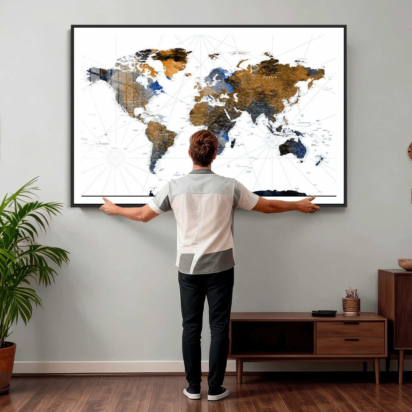 56364879-MGV-CV-36X24 - World Map Wall Art Canvas Print, Modern Decorative Framed Map Artwork Prints for Living Room Decor