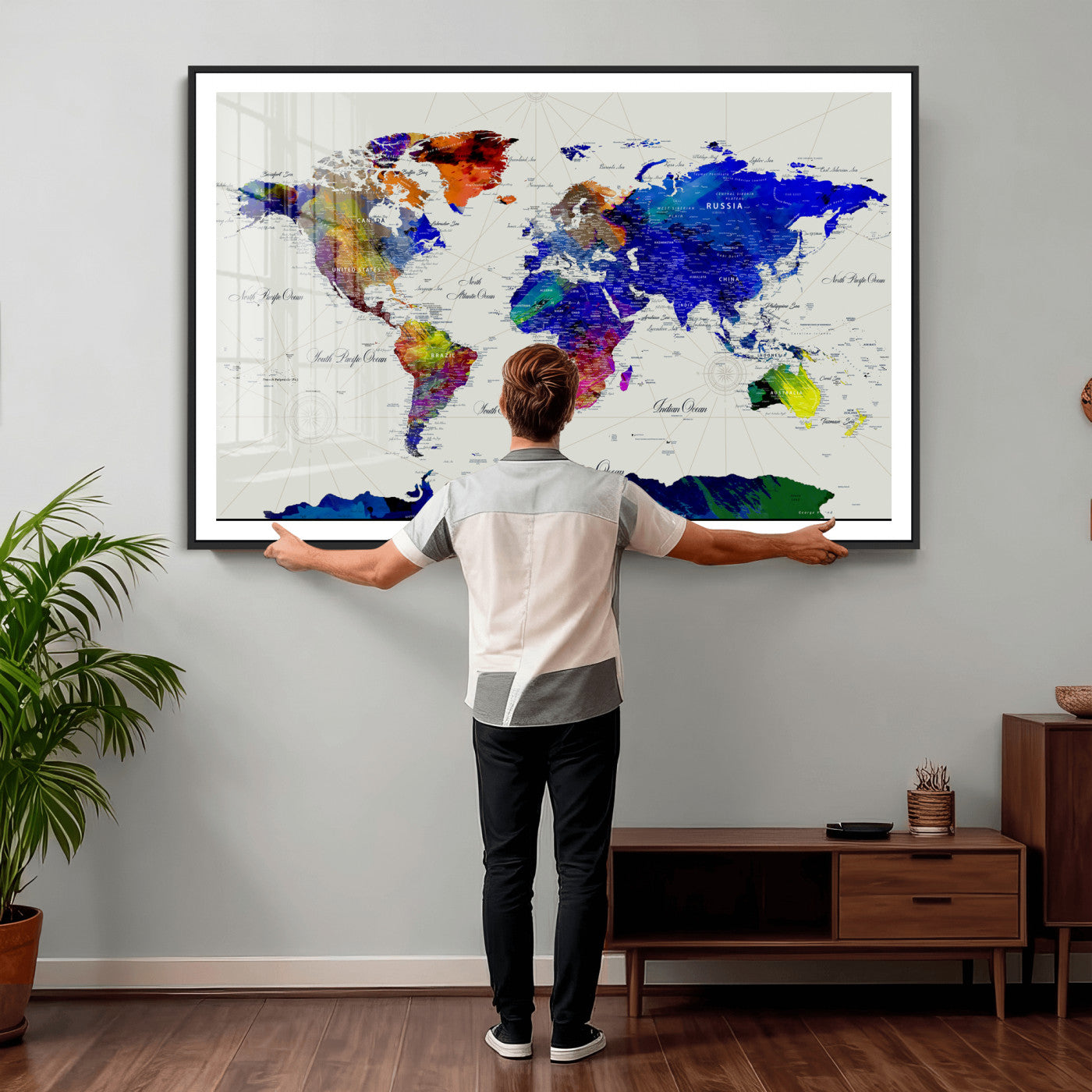 49670038-MGV-CV-36X24 - World Map Wall Art Canvas Print, Modern Decorative Framed Map Artwork Prints for Living Room, Office Decor