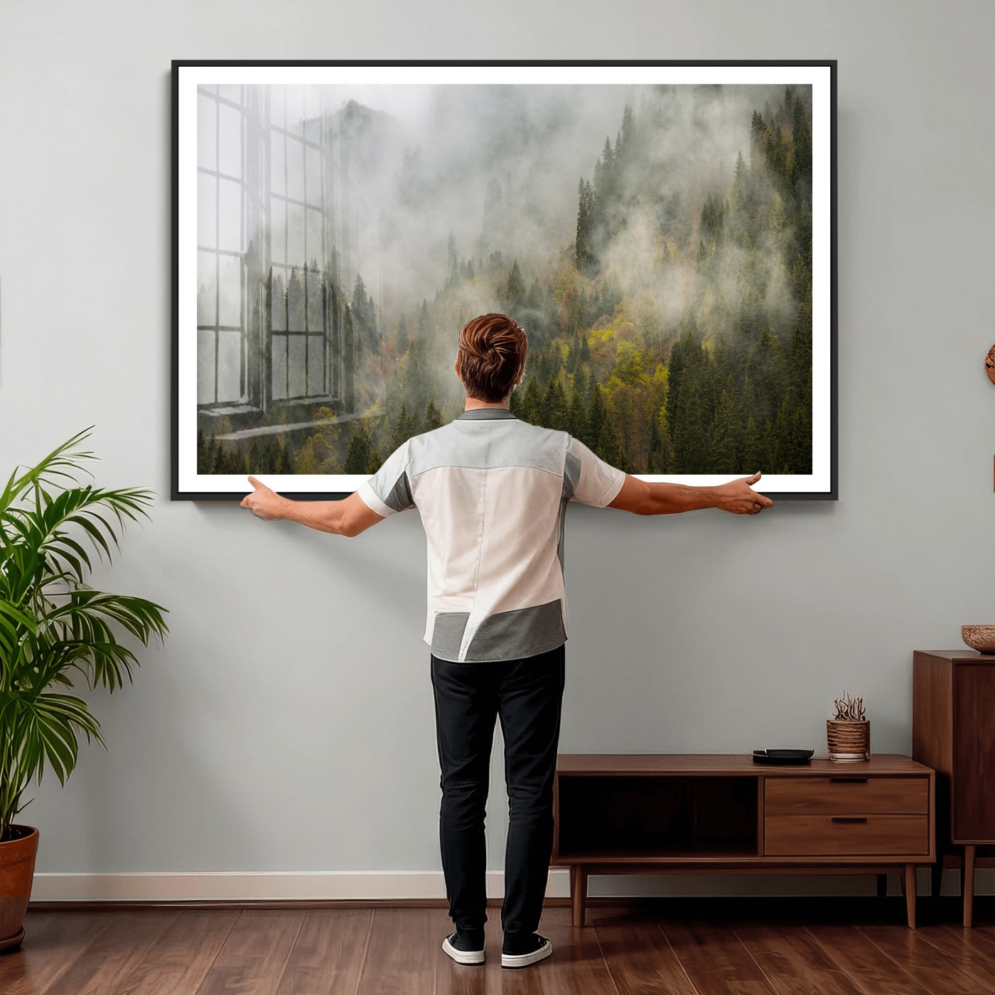 31152954-MGV-CV-36X24 - Misty Mountain Forest Canvas Print, Foggy Pine Trees Nature Wall Art, Framed Canvas Ready to Hang