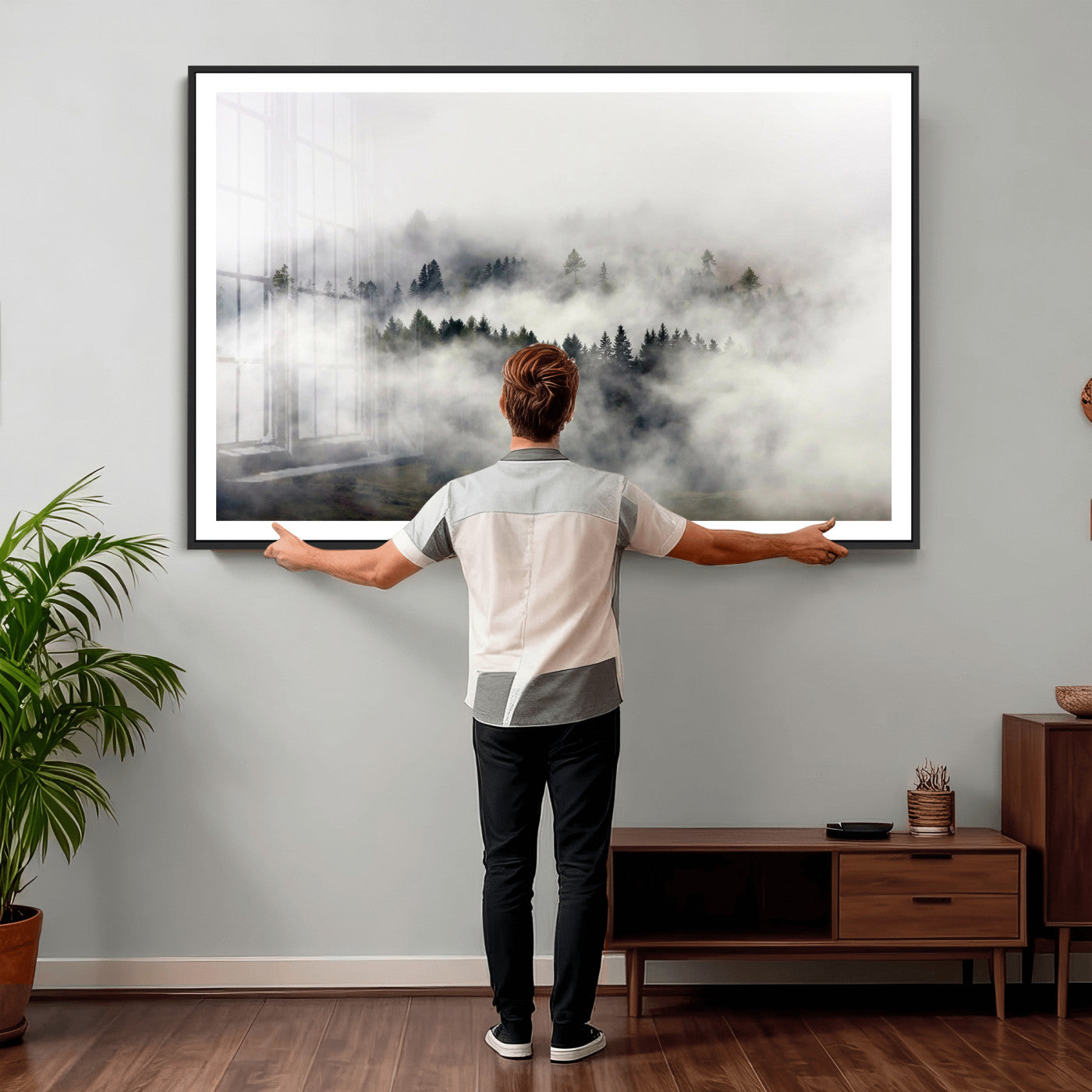 63235457-MGV-CV-36X24 - Foggy Forest Wall Art Canvas Print, Misty Pine Tree Landscape Wall Art Print, Framed Wall Art Ready to Hang