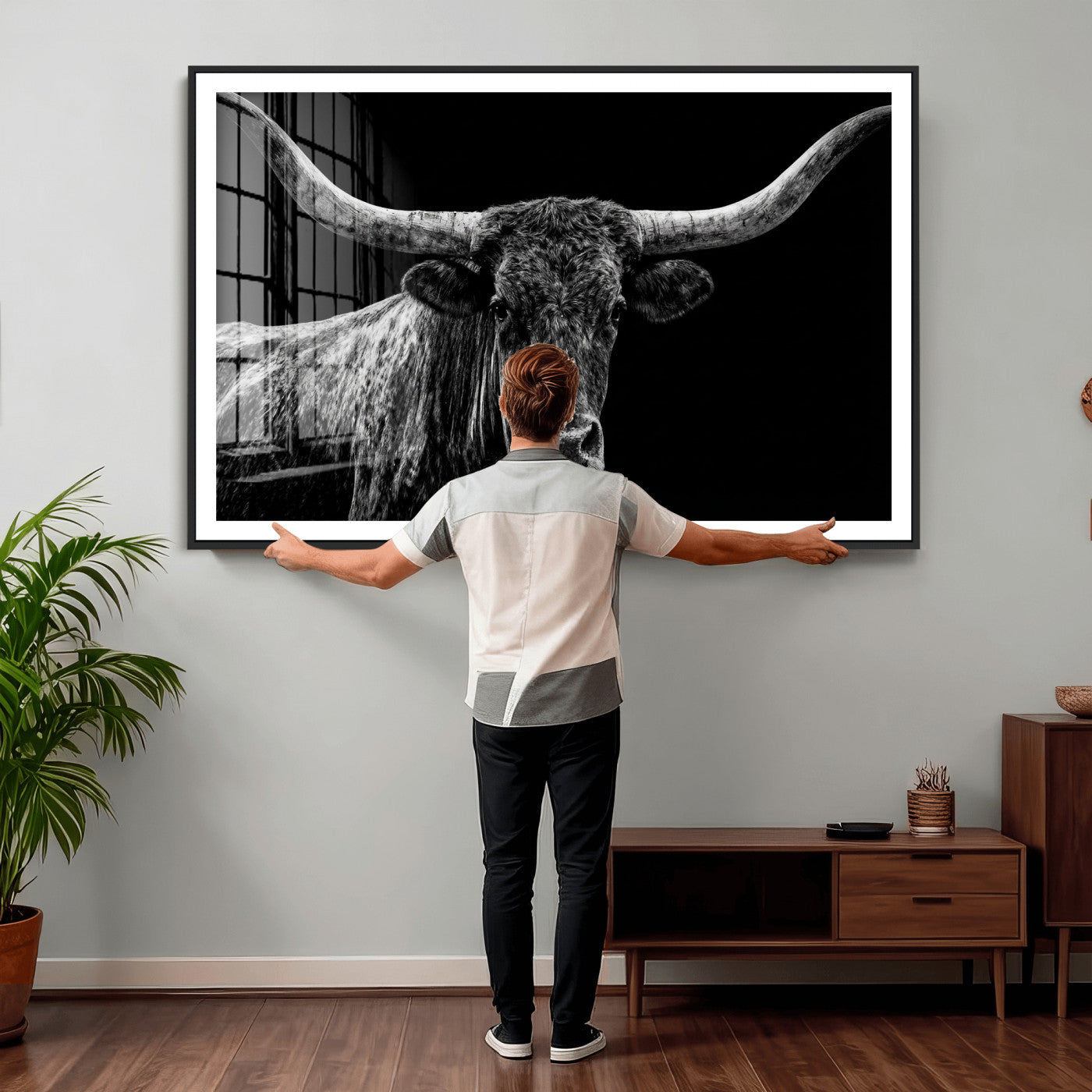 86568508-MGV-CV-36X24 - Vintage Texas Longhorn Bull Wall Art Canvas Print, Texas Cow Portrait Print, Framed Bull Wall Art Ready to Hang