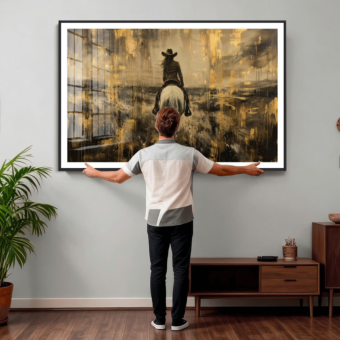 20465530-MGV-CV-36X24 - Cowgirl Wall Art Canvas Print, Western Horse Rider Wall Art, Framed Wall Art Ready to Hang