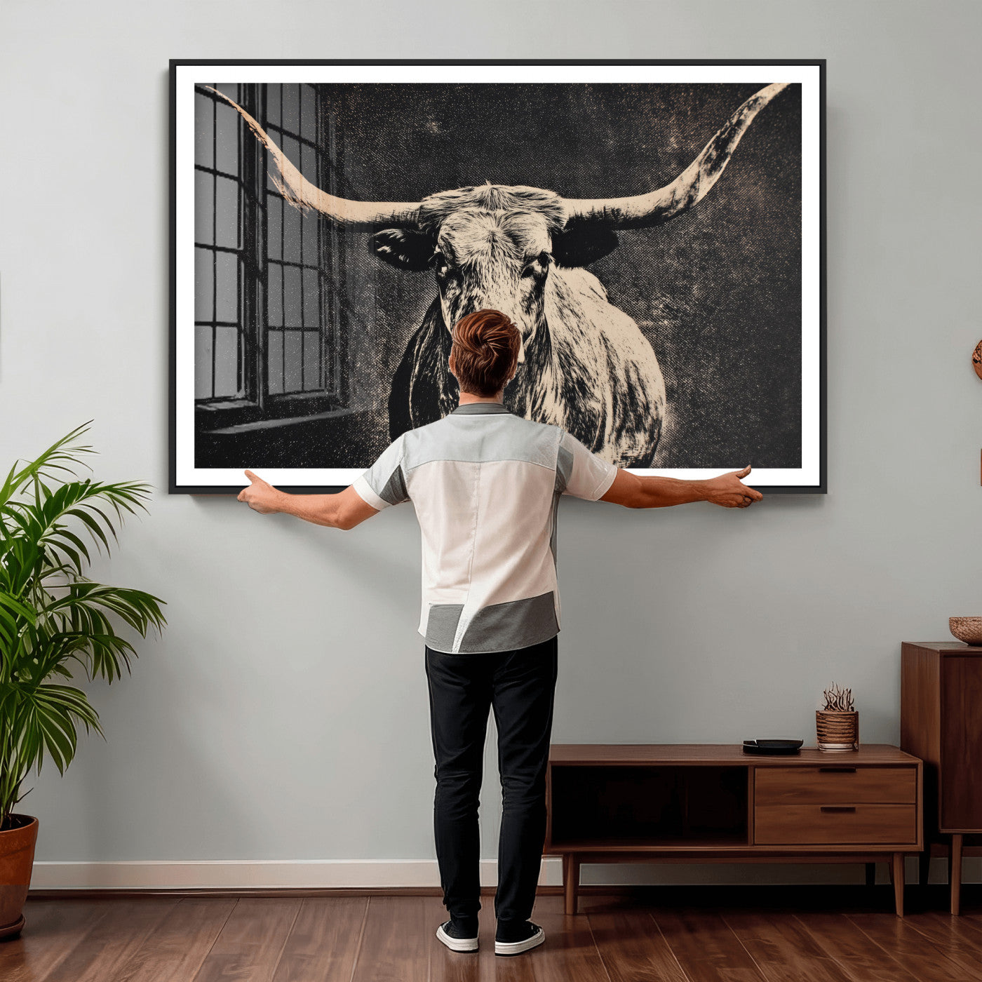 27394218-MGV-CV-36X24 - Vintage Texas Longhorn Bull Wall Art Canvas Print, Cow Portrait Photography Print, Framed Wall Art Ready to Hang