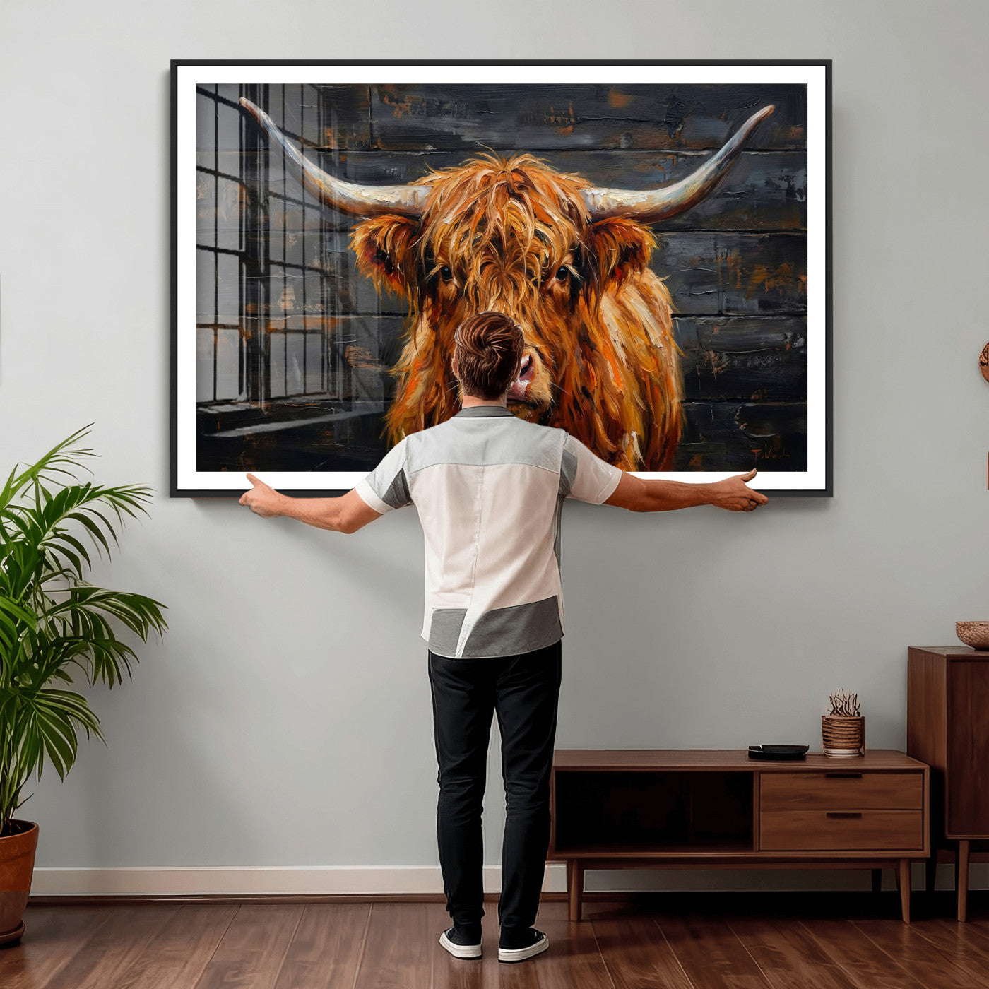 32536611-MGV-CV-36X24 - Highland Cow Wall Art Canvas Print, Rustic Farm Animal Painting, Framed Wall Art Ready to Hang