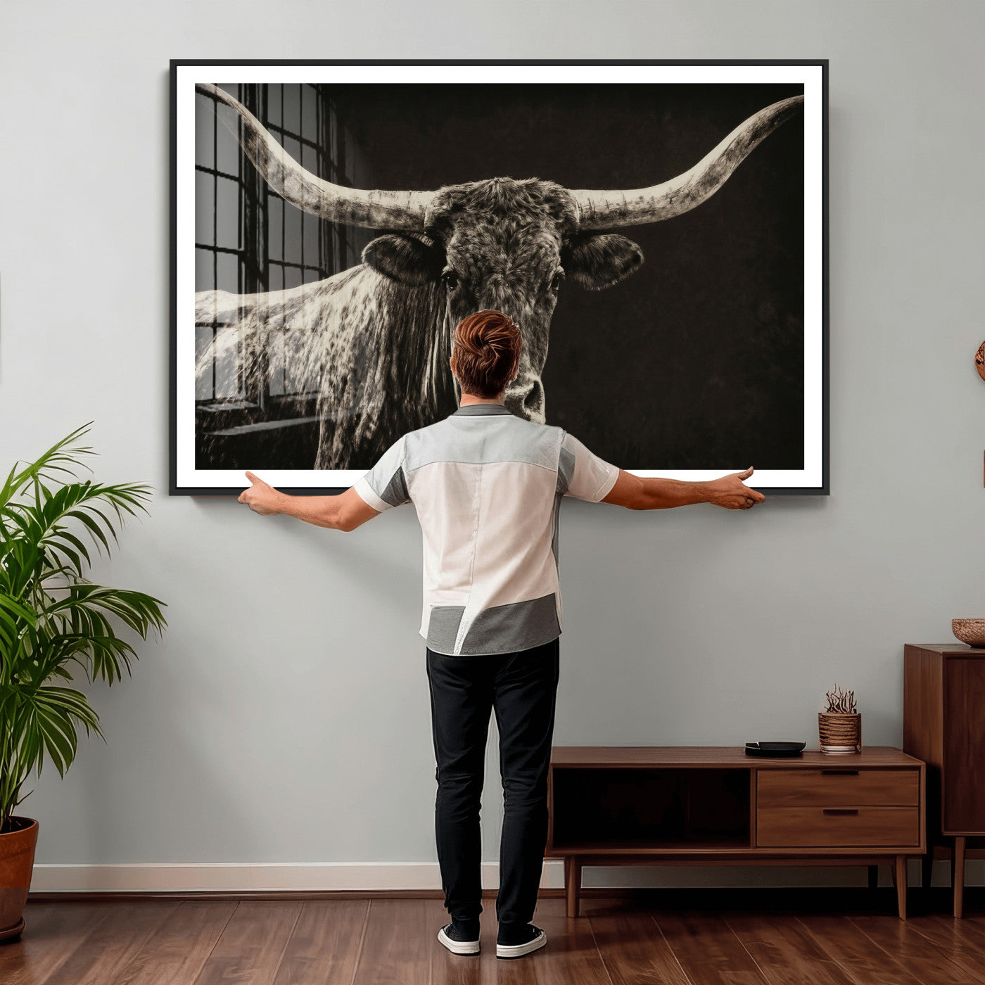74513721-MGV-CV-36X24 - Vintage Texas Longhorn Bull Wall Art Canvas Print, Cow Portrait Photography Print, Framed Wall Art Ready to Hang