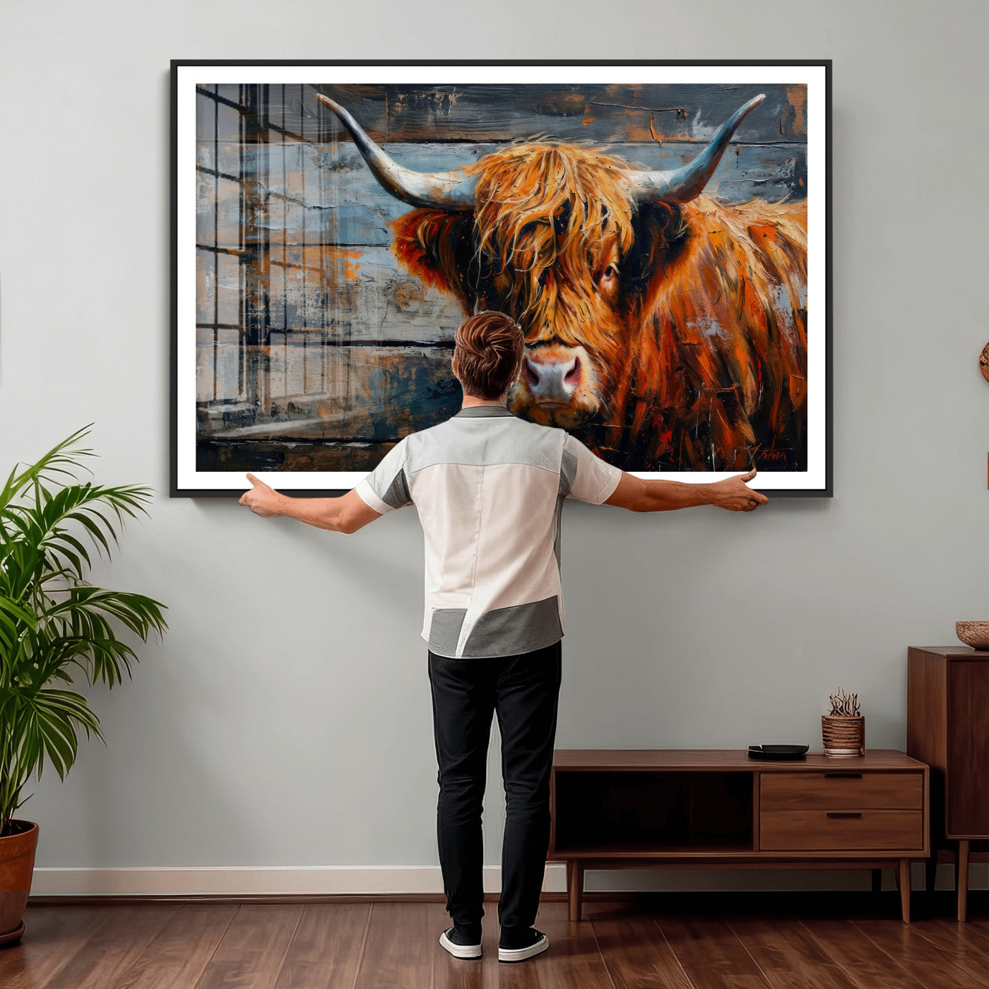 90271423-MGV-CV-36X24 - Highland Cow Wall Art Canvas Print, Abstract Rustic Farm Animal Wall Art Print, Framed Wall Art Ready to Hang