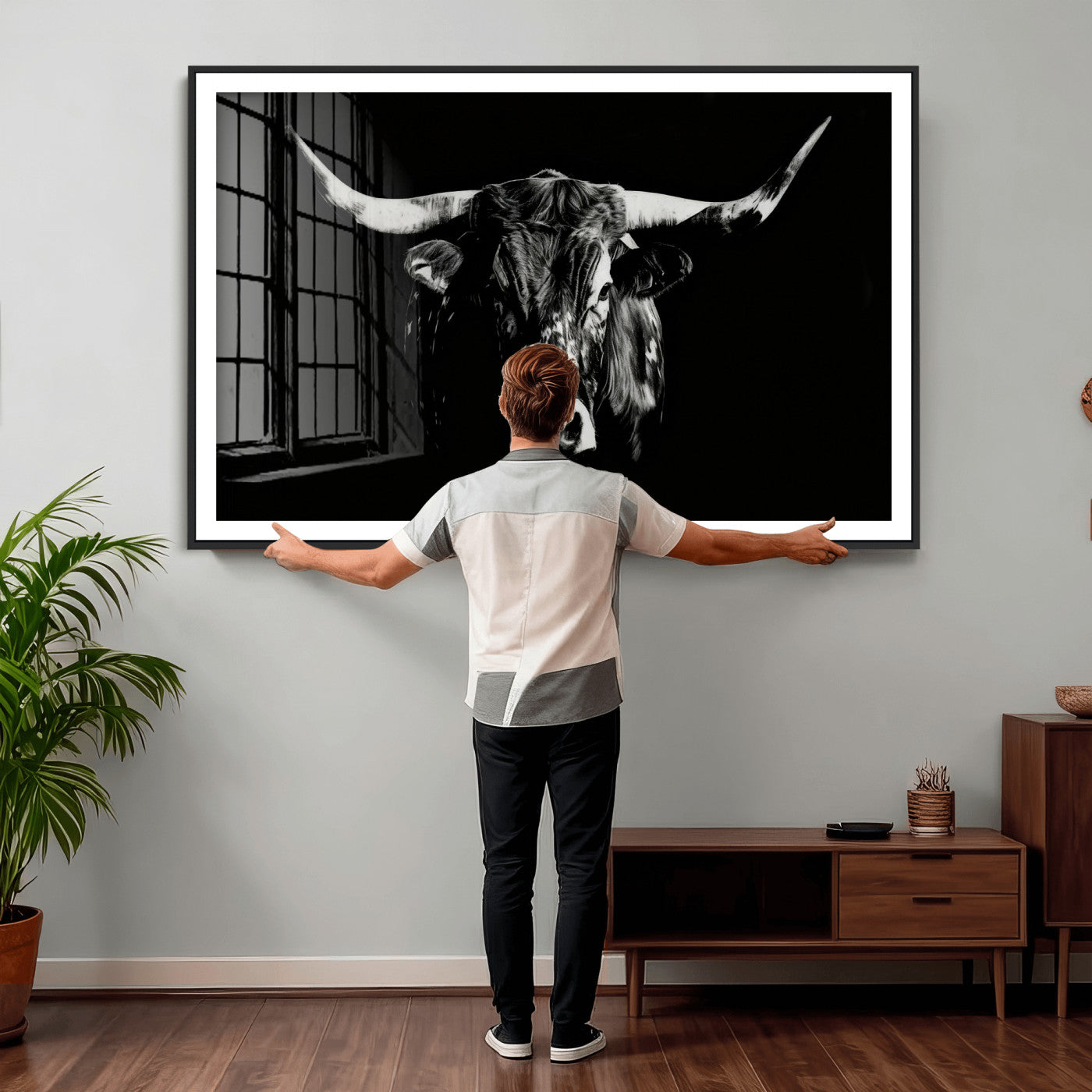 21436434-MGV-CV-36X24 - Black Bull Wall Art Canvas Print, Dark Longhorn Portrait Photography, Framed Wall Art Ready to Hang