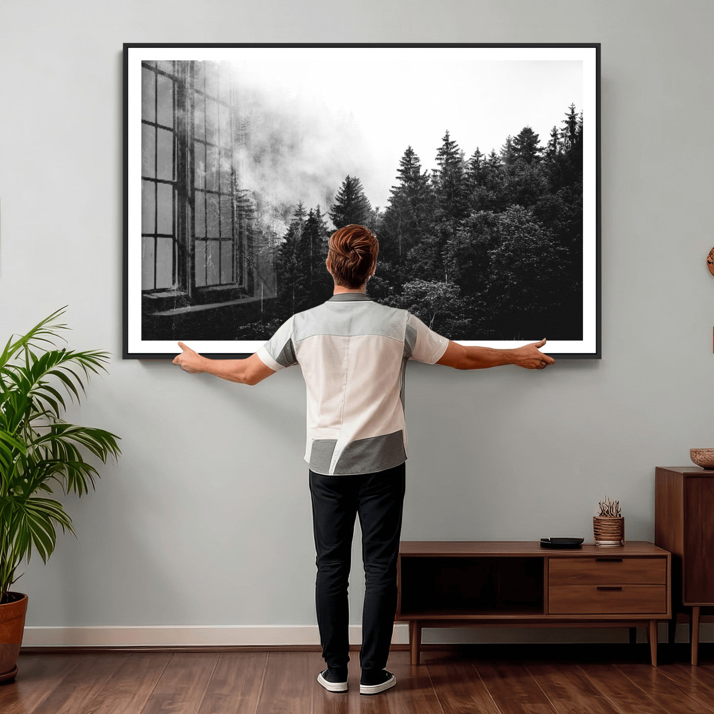 98764151-MGV-CV-36X24 - Black and White Forest Wall Art Canvas Print, Misty Pine Tree Landscape Photography, Framed Wall Art Ready to Hang