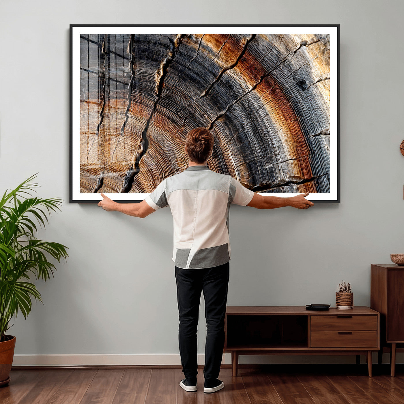 92693966E-MGV-CV-36X24 - Framed Large Abstract Wood Grain Canvas Print, Tree Ring Pattern Wall Art, Framed Canvas Ready to Hang