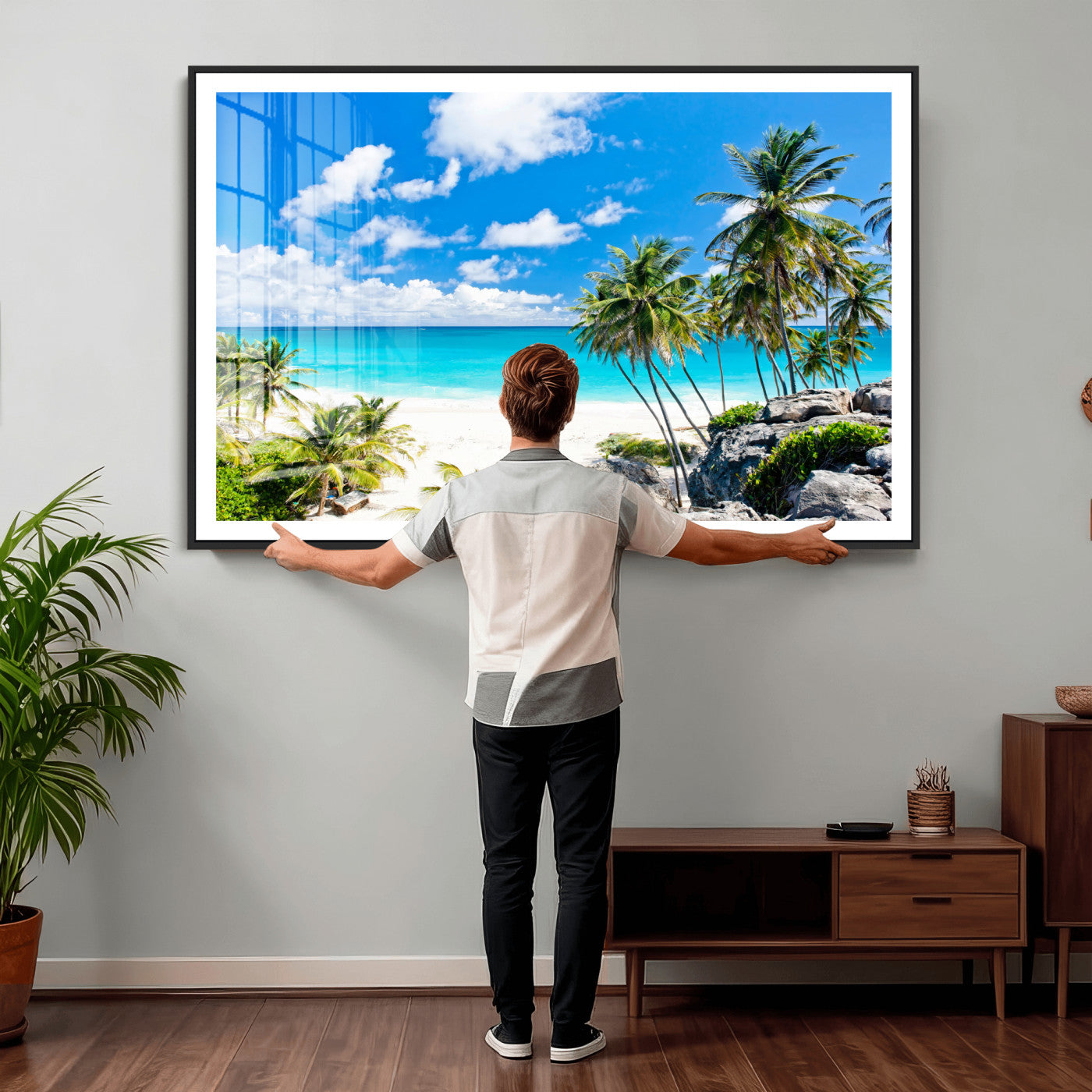 29232878-MGV-CV-36X24 - Barbados Beach Wall Art Canvas Print, Palm Tree Ocean Landscape, Turquoise Sea Coastal Photography, Tropical Island Wall Decor, Framed Ready to Hang