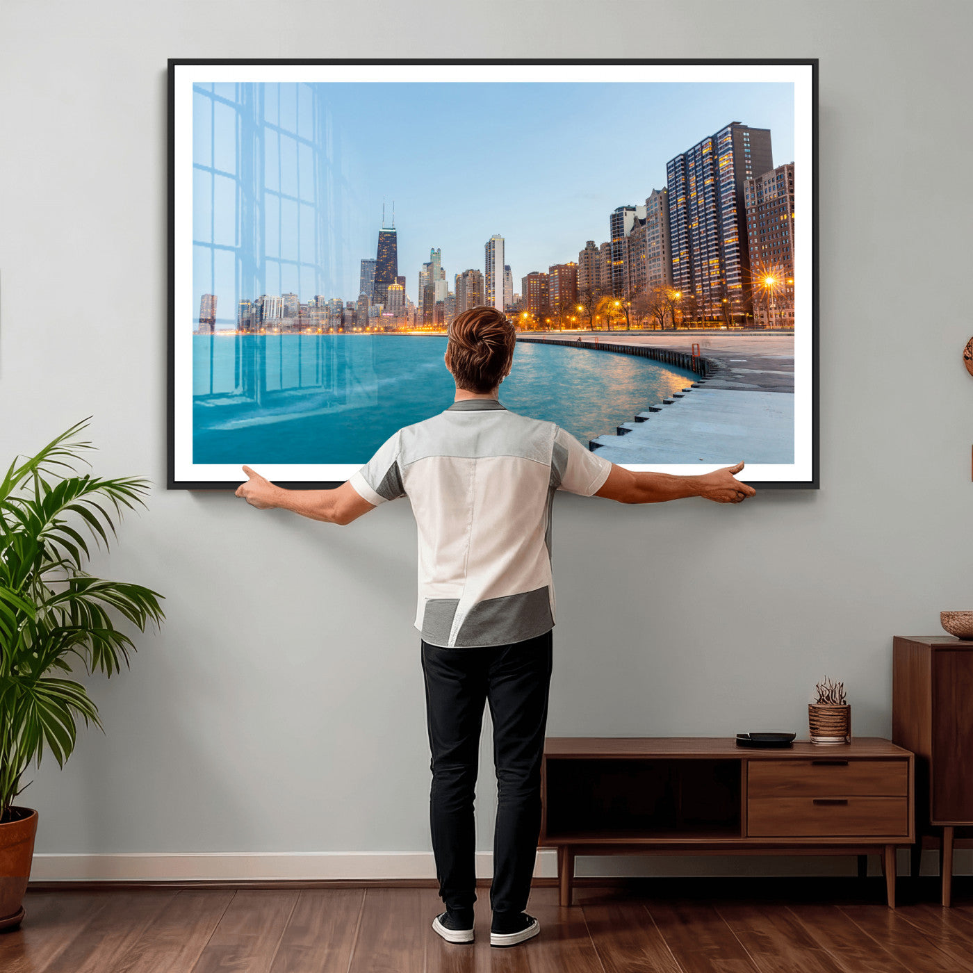 66780141-MGV-CV-36X24 - Chicago Wall Art Canvas Print, Chicago City Downtown Night Cityscape Print for Modern Urban Wall Decor