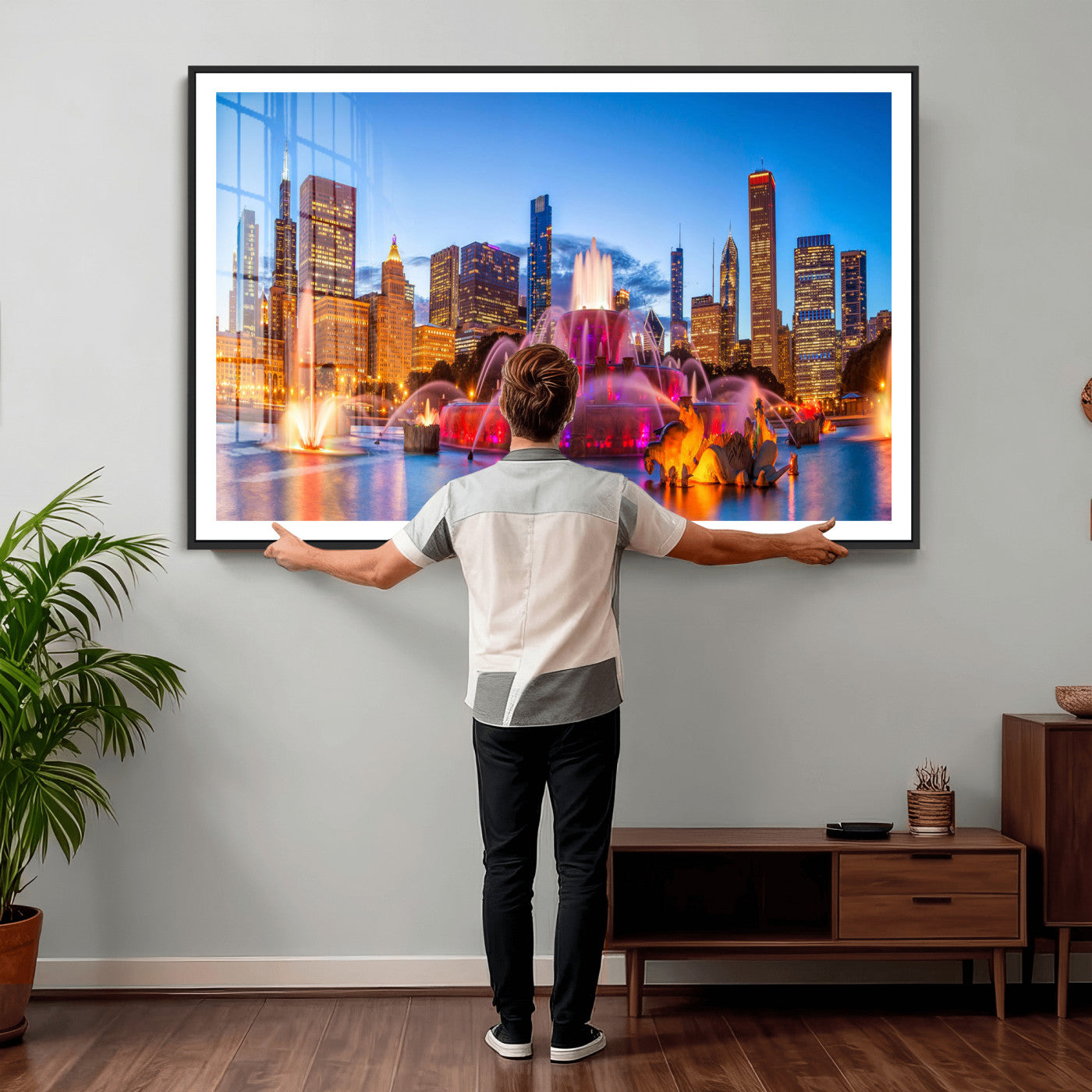20251989-MGV-CV-36X24 - Chicago Wall Art Canvas Print, Chicago City Downtown Night Cityscape Print for Modern Urban Wall Decor