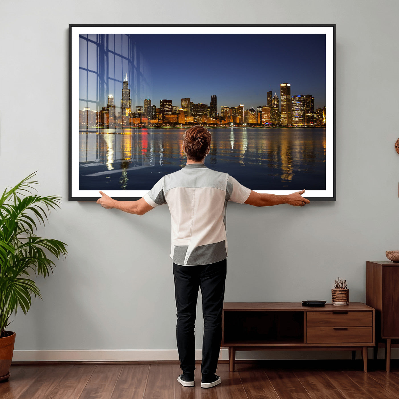 67308035-MGV-CV-36X24 - Chicago Wall Art Canvas Print, Chicago City Downtown Night Cityscape Print for Modern Urban Wall Decor