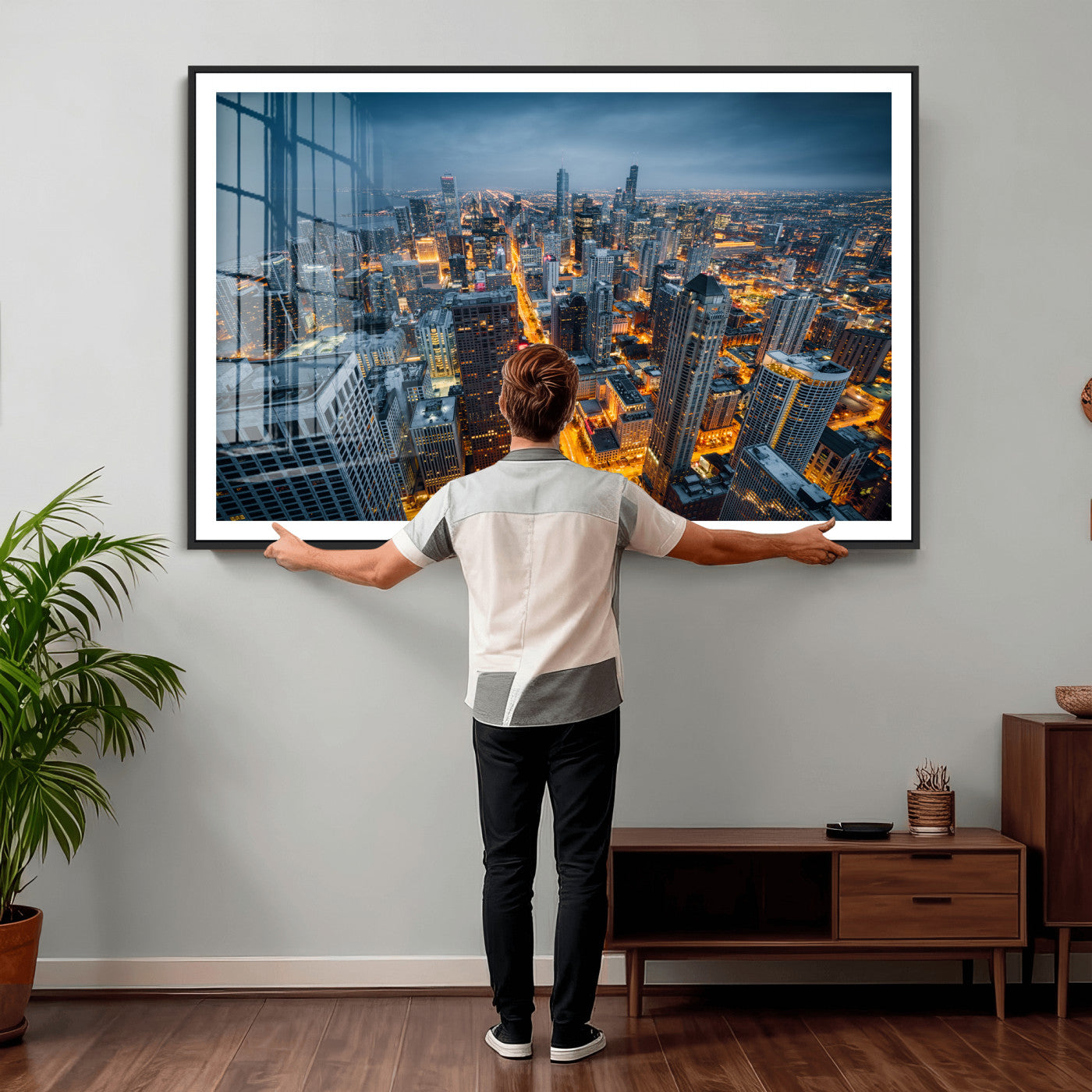 81742538-MGV-CV-36X24 - Chicago Wall Art Canvas Print, Chicago City Downtown Night Cityscape Print for Modern Urban Wall Decor