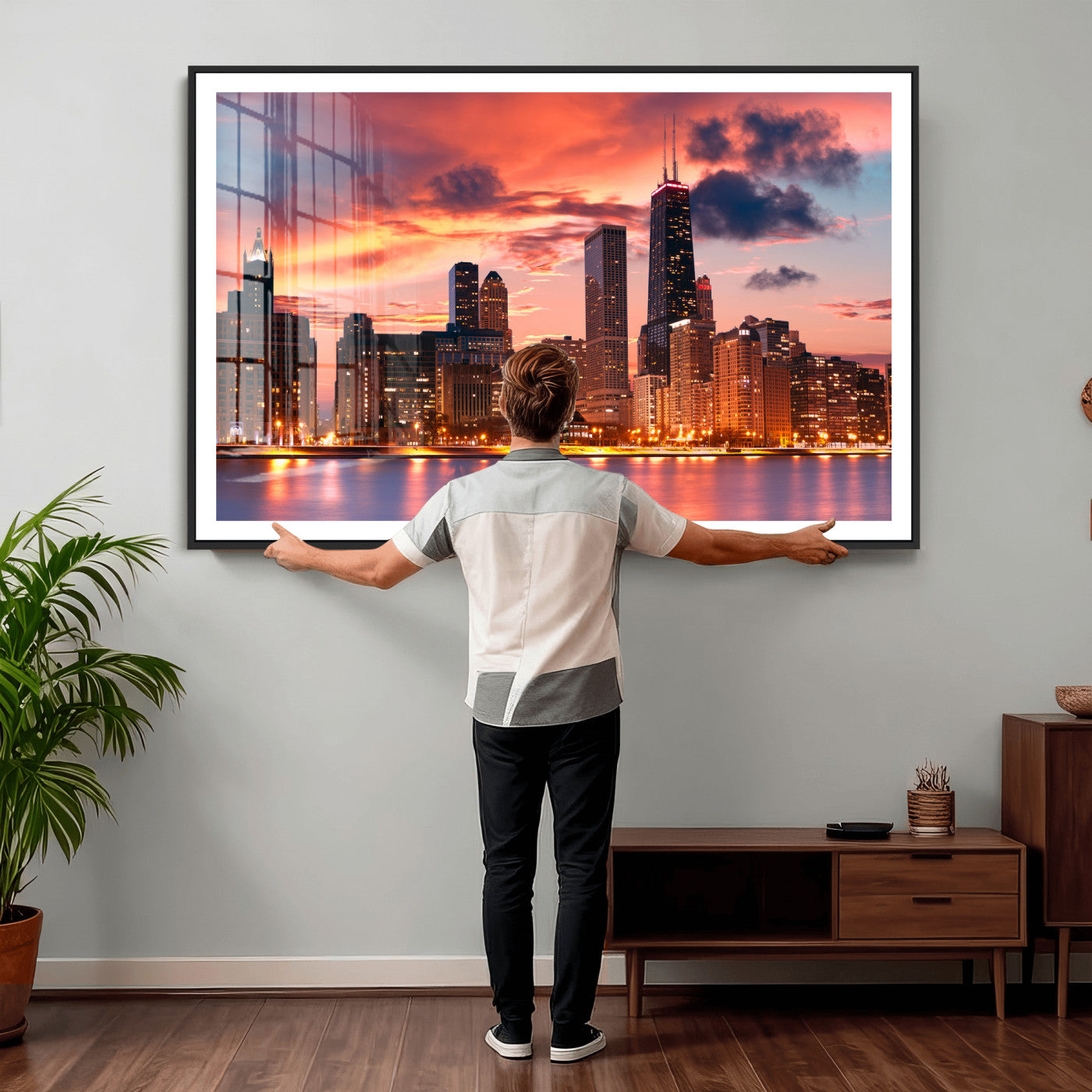 80390109-MGV-CV-36X24 - Chicago Wall Art Canvas Print, Chicago City Downtown Night Cityscape Print for Modern Urban Wall Decor