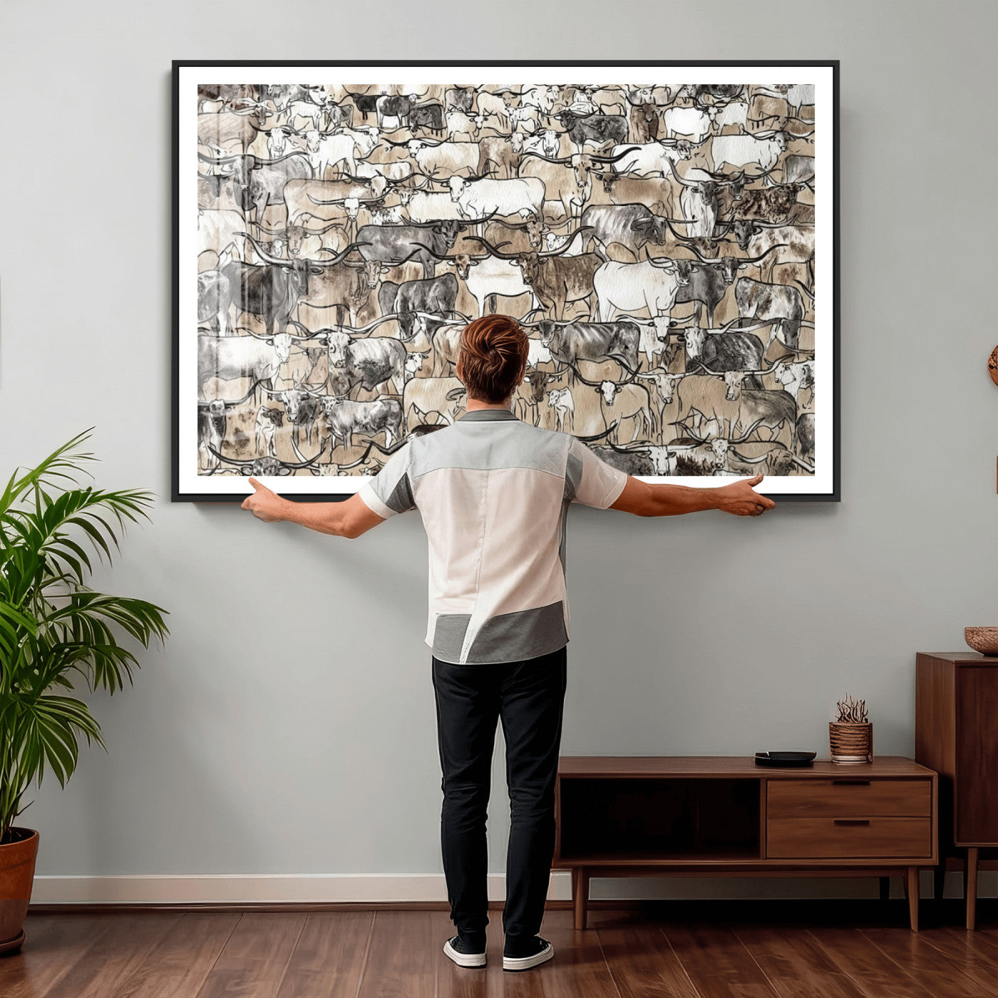 64368752-MGV-CV-36X24 - Farmhouse Animals Wall Art Canvas Print - Abstract Farm Animal Drawing Mid-Century Wall Art for Cabin Decor