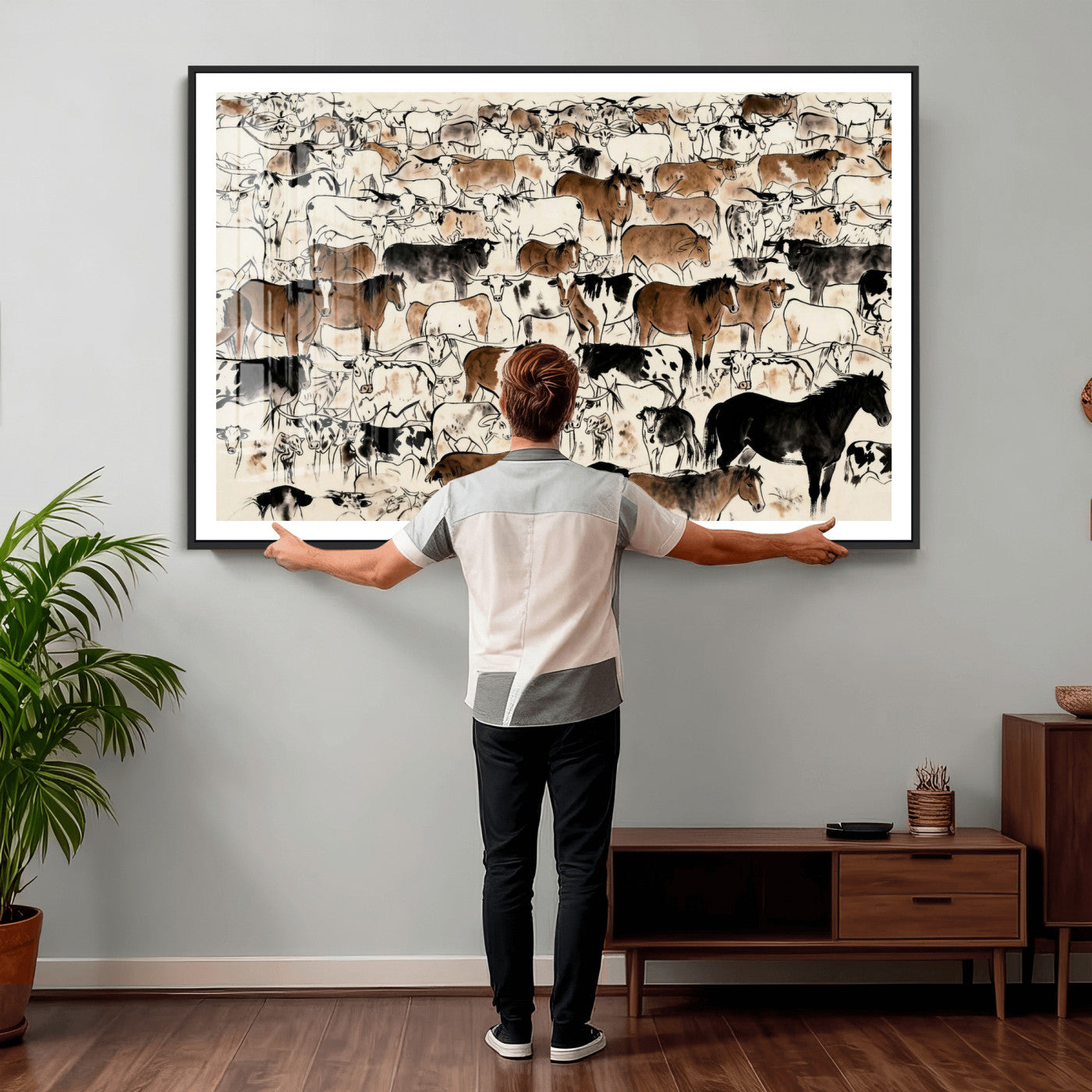 86150485-MGV-CV-36X24 - Farmhouse Animals Wall Art Canvas Print - Abstract Farm Animal Drawing Mid-Century Wall Art for Cabin Decor