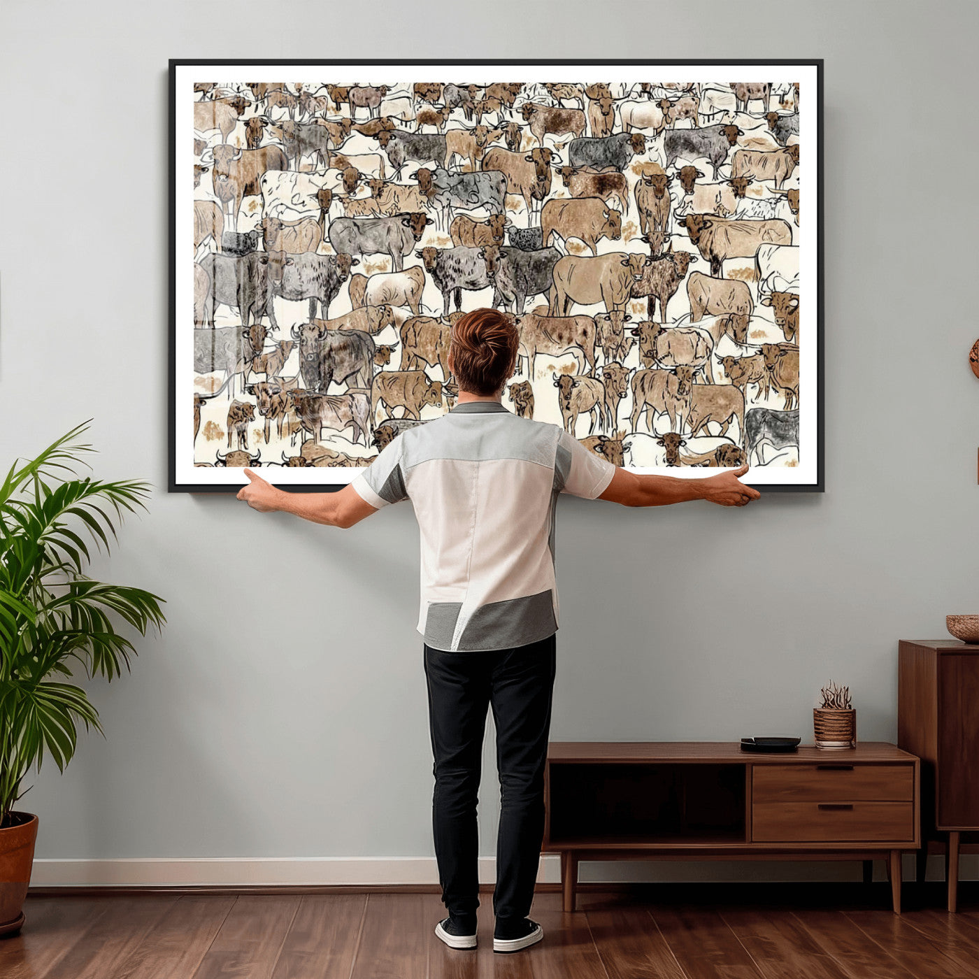 76902119-MGV-CV-36X24 - Farmhouse Animals Wall Art Canvas Print - Abstract Farm Animal Drawing Mid-Century Wall Art for Cabin Decor
