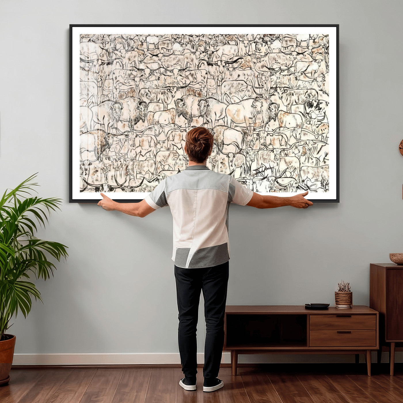 36925875-MGV-CV-36X24 - Farmhouse Animals Wall Art Canvas Print - Abstract Farm Animal Drawing Mid-Century Wall Art for Cabin Decor