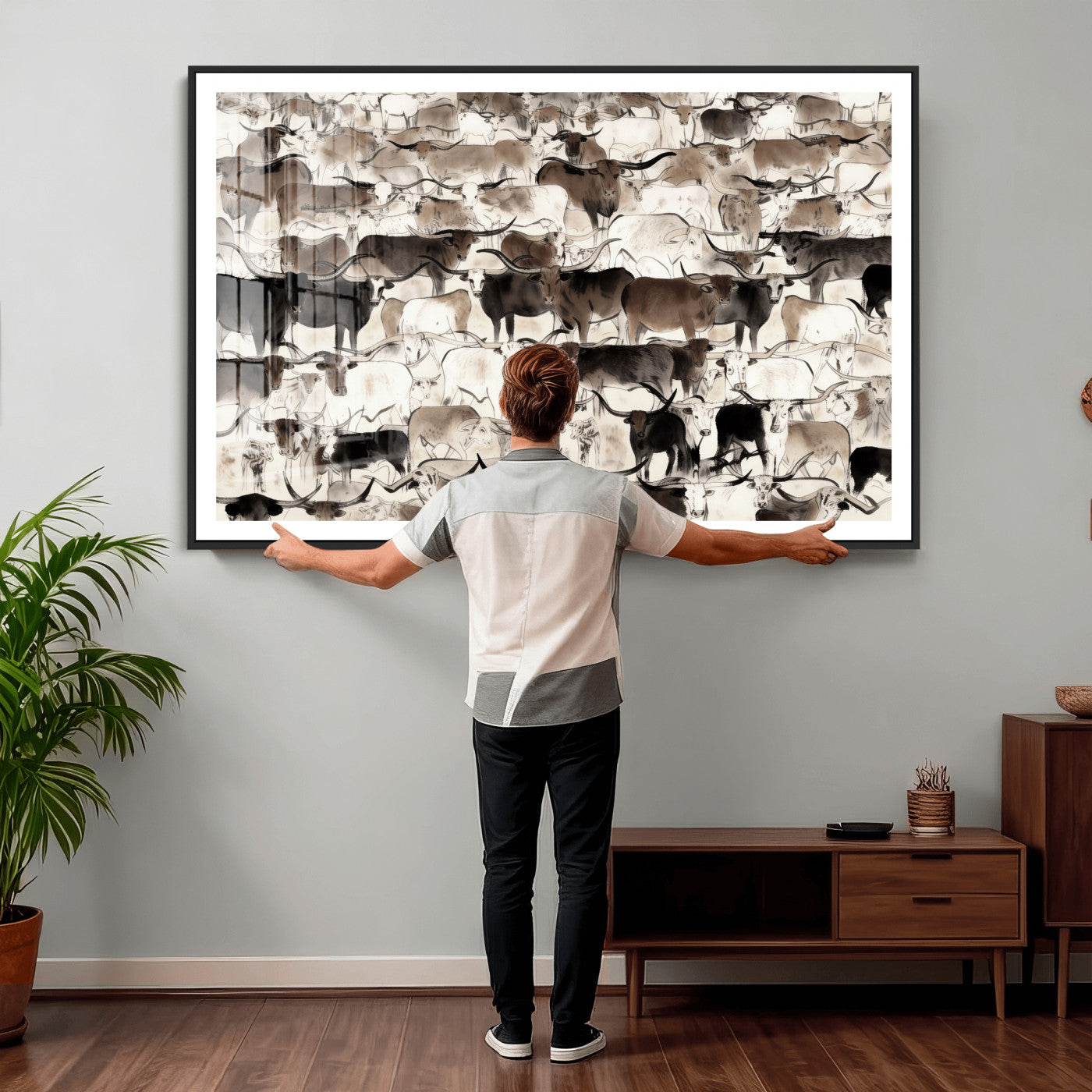 46084312-MGV-CV-36X24 - Farmhouse Animals Wall Art Canvas Print - Abstract Farm Animal Drawing Mid-Century Wall Art for Cabin Decor