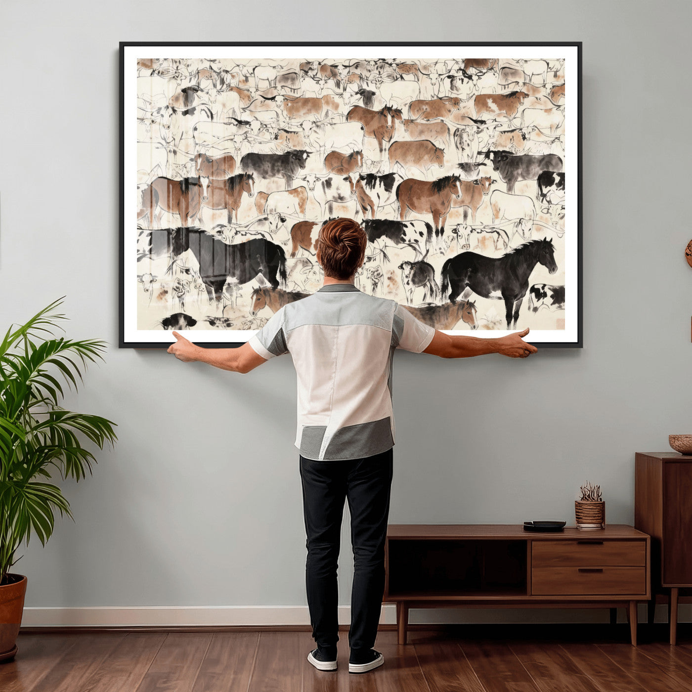 74171578-MGV-CV-36X24 - Farmhouse Animals Wall Art Canvas Print - Abstract Farm Animal Drawing Mid-Century Wall Art for Cabin Decor