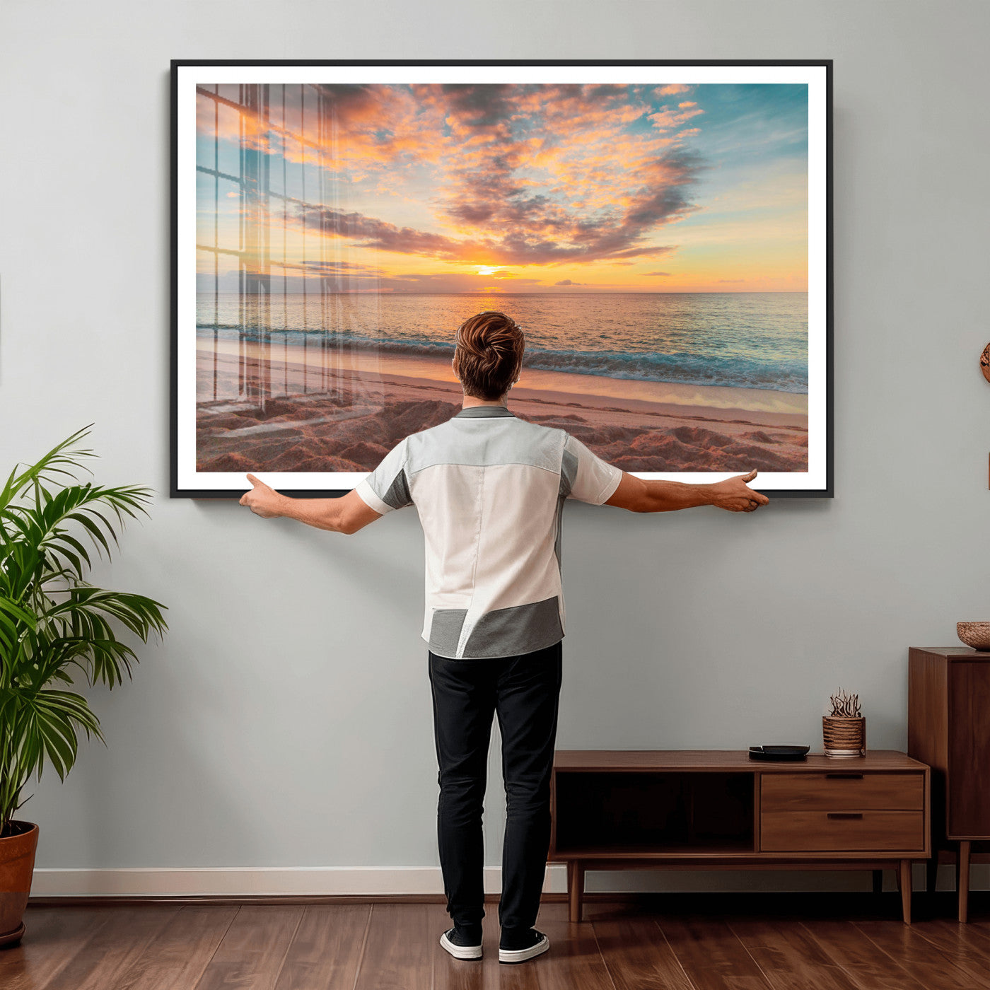 47151409-MGV-CV-36X24 - Sunset Beach Walk Wall Art Canvas Print – Soft Coastal Photography Artwork Print for Bedroom, Living Room, and Serene Home Decor