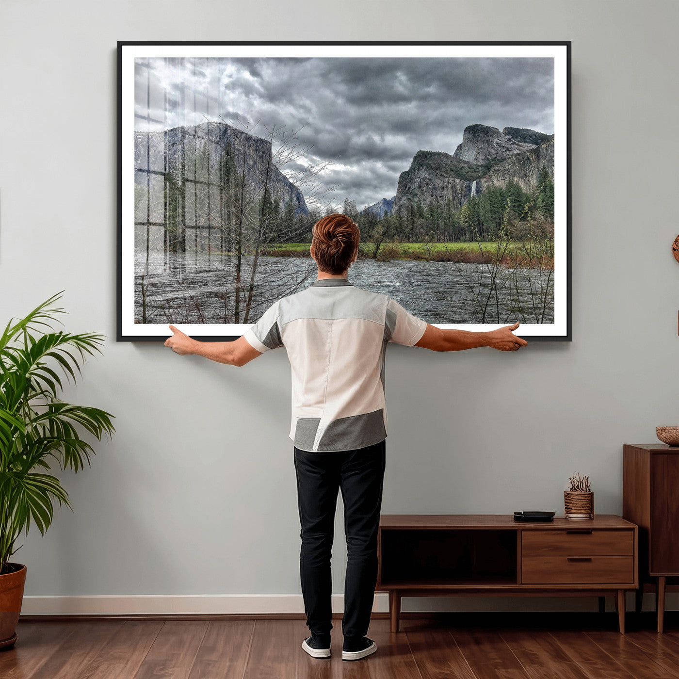 75582552-MGV-CV-36X24 - Yosemite Valley River Landscape Wall Art Canvas Print, Granite Cliffs Forest River Canvas Print, California National Park Moody Scenic Art Printi