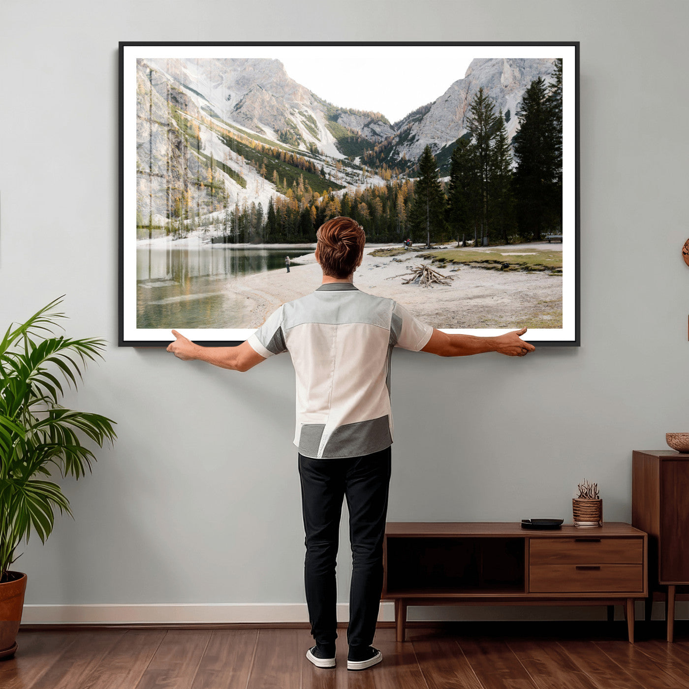 89246758-MGV-CV-36X24 - Lake Braies Alpine Landscape Wall Art Canvas Print, Dolomites Mountain Lake Forest Canvas Print, Italian Alps Scenic Nature Art Printing