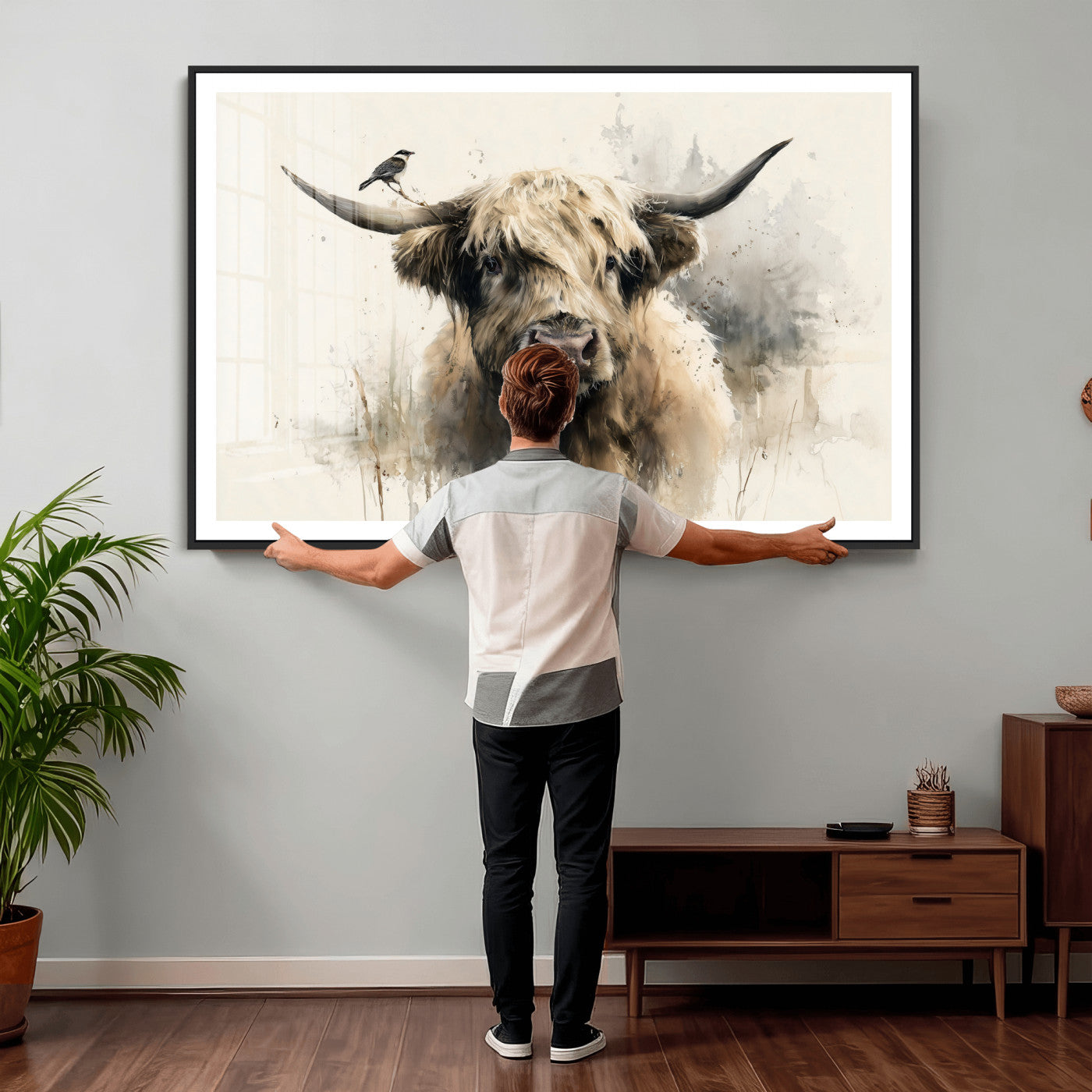 98249290-MGV-CV-36X24 - Abstract Highland Cow Watercolor Animal Wall Art Canvas Print, Rustic Farm Cattle Portrait Canvas Print, Neutral Wildlife Farmhouse Art Printing