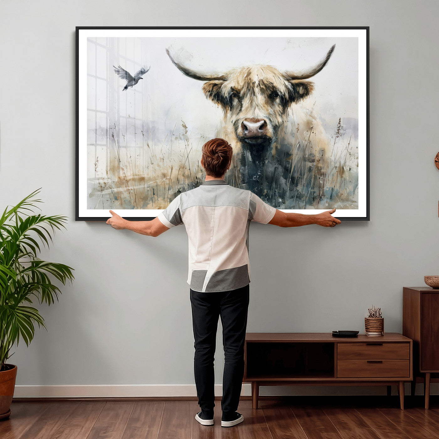 55652651-MGV-CV-36X24 - Abstract Highland Cow Watercolor Animal Wall Art Canvas Print, Rustic Farm Cattle Portrait Canvas Print, Neutral Wildlife Farmhouse Art Printing