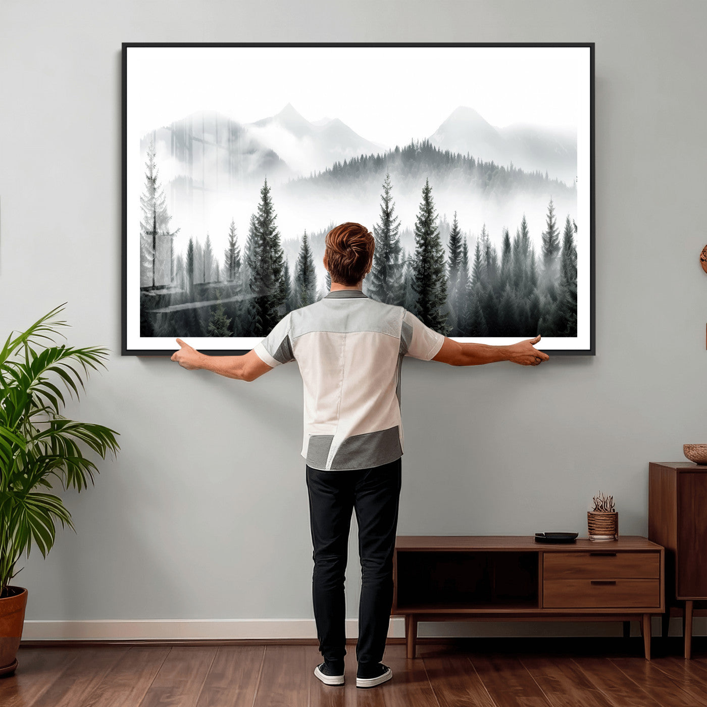38819032-MGV-CV-36X24 - Misty Pine Forest Mountain Landscape Wall Art Canvas Print, Foggy Evergreen Trees Minimal Nature Canvas Print, Monochrome Wilderness Scenic Art Printing