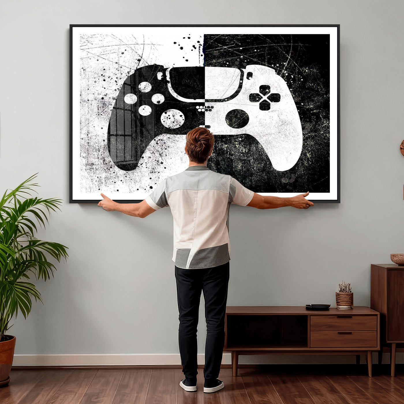 17525128-MGV-CV-36X24 - Abstract Gaming Controller Wall Art Canvas Print, Black White Video Game Controller Modern Canvas Print, Minimal Gamer Graphic Art Printing