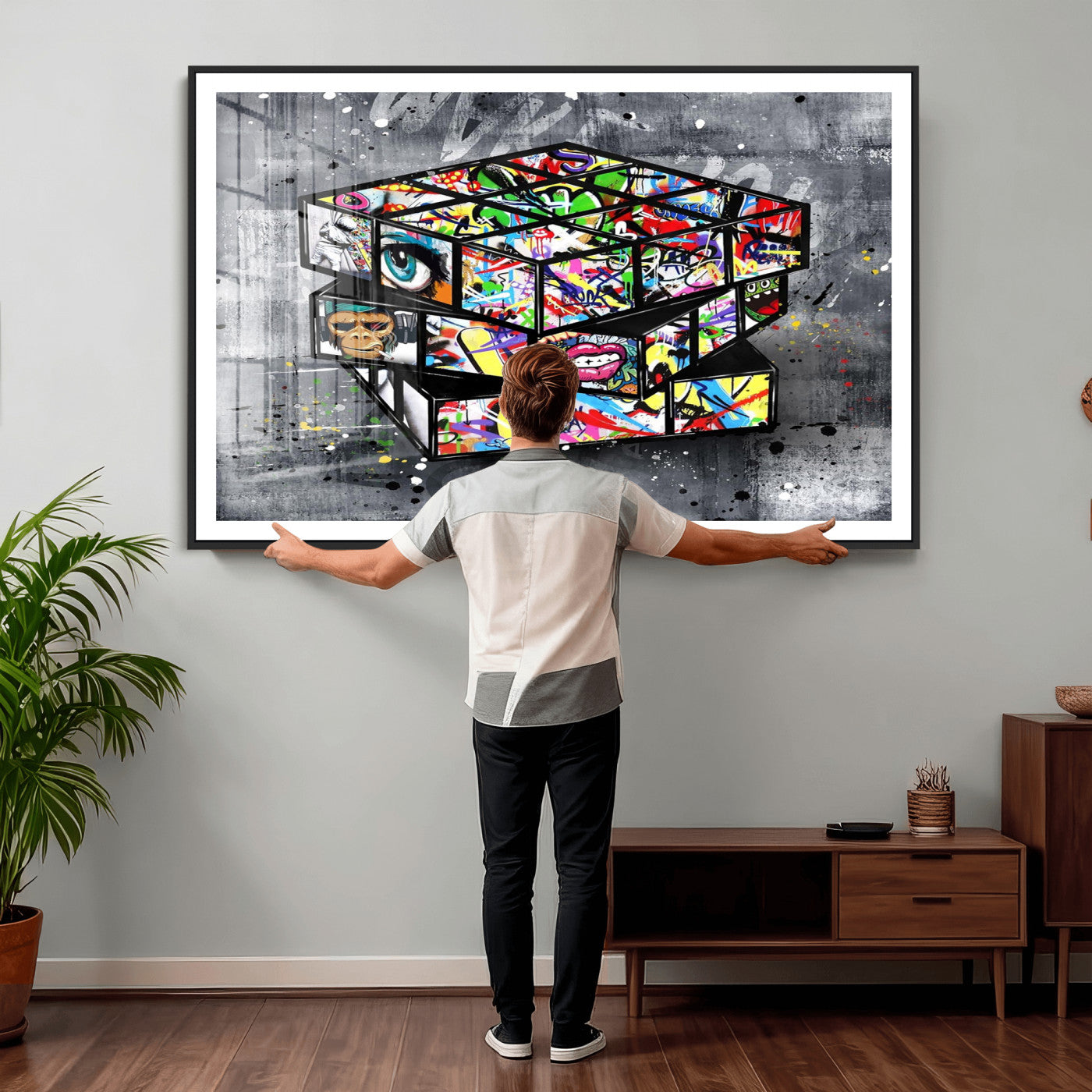 46789556-MGV-CV-36X24 - Graffiti Cube Abstract Street Art Wall Art Canvas Print, Colorful Urban Pop Art Geometric Canvas Print, Modern Street Art Contemporary Art Printing