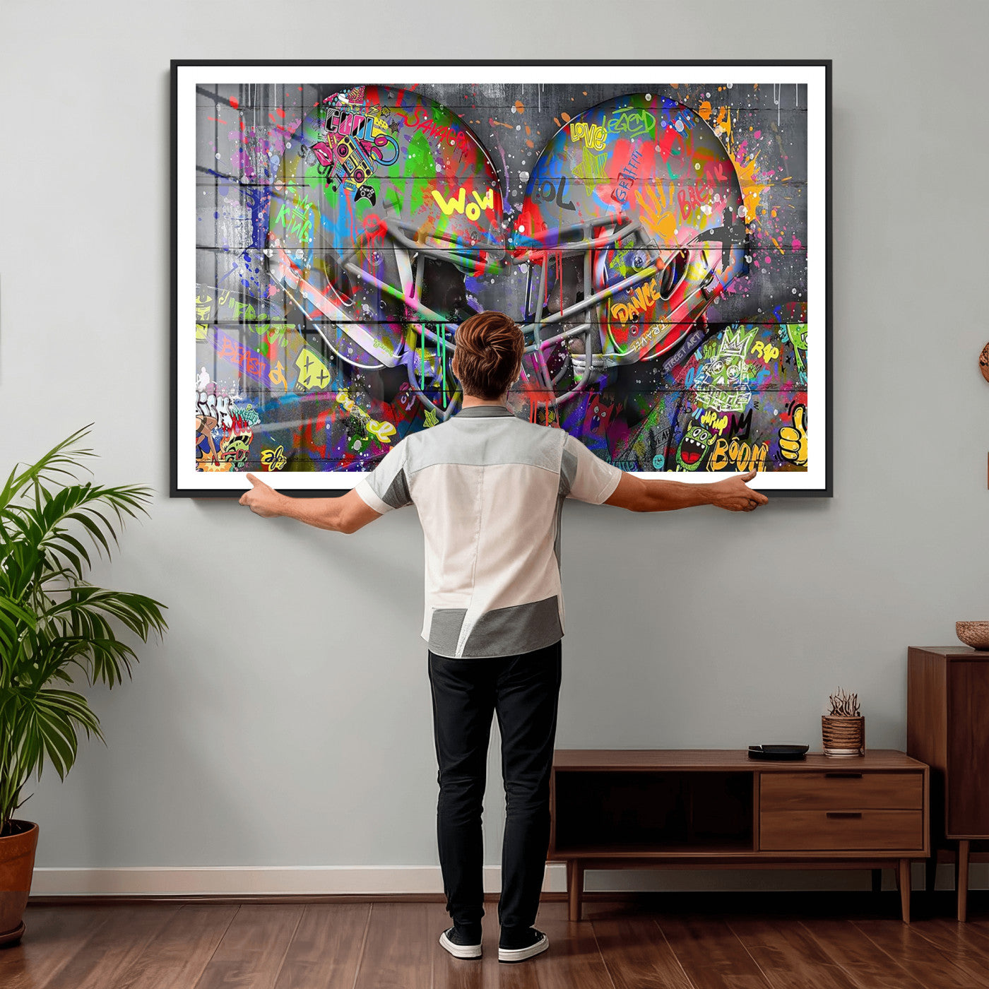 15309853-MGV-CV-36X24 - Graffiti Football Helmets Wall Art Canvas Print, Urban Street Art Sports Decor, Colorful American Football Graffiti Artwork