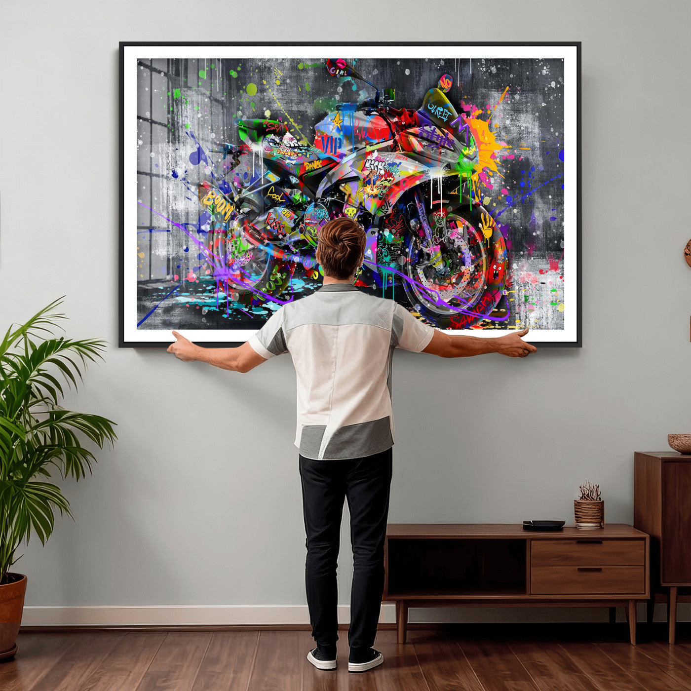 83021767-MGV-CV-36X24 - Graffiti Motorcycle Wall Art Canvas Print, Urban Street Art Motorbike Decor, Colorful Graffiti Sports Bike Artwork