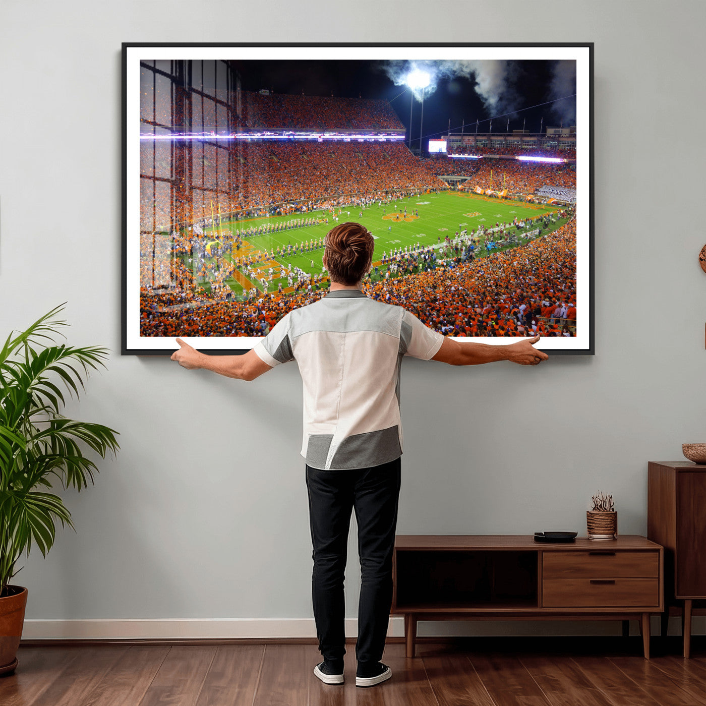 43662631-MGV-CV-36X24 - Clemson Football Stadium Wall Art Canvas Print, College Football Crowd Night Game Scene, Orange Stadium Panorama Wall Decor