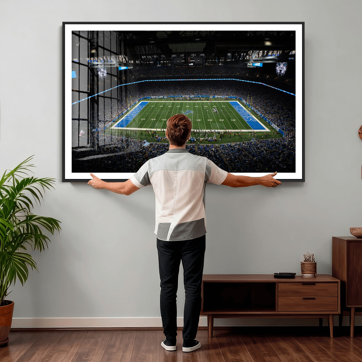 16709602-MGV-CV-36X24 - Detroit Lions Stadium Wall Art Canvas Print, Football Field Panorama Artwork, NFL Game Night Stadium Decor