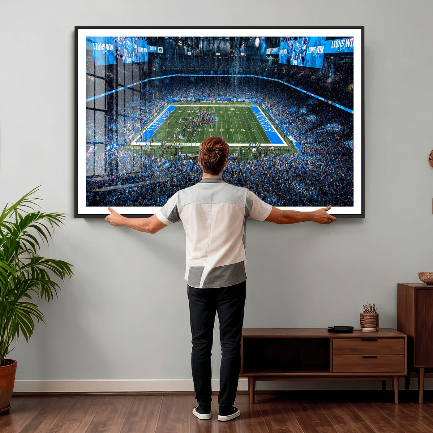 80882005-MGV-CV-36X24 - Detroit Lions Stadium Wall Art Canvas Print, Football Field Panorama Artwork, NFL Game Night Stadium Decor
